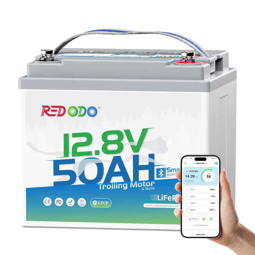 Redodo 12V 50Ah Deep Cycle Lithium Battery with Bluetooth for Trolling Motors (Up to 70lb Thrust) - Perfect for Kayak Fishing, Boat Trolling, and Marine Applications