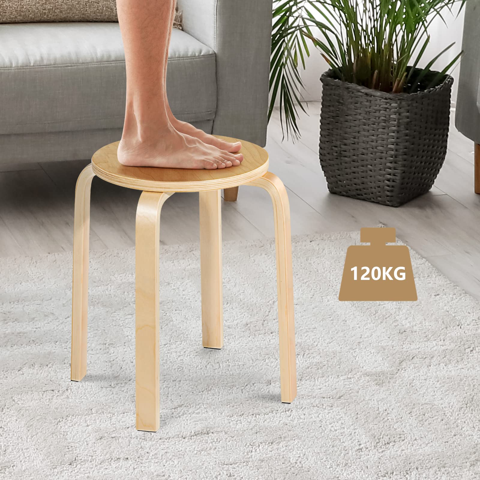 Julimoon 18 Inch Bentwood Round Stools - Set of 4 Stackable Backless Wood Bar Chairs with Round Top & Bottom Felt Pads for Dining Table, Kitchen Island, Living Room, Garden and Patio - Natural Wood Finish - Perfect for Home Decor, Entertaining Guests and Outdoor Relaxation