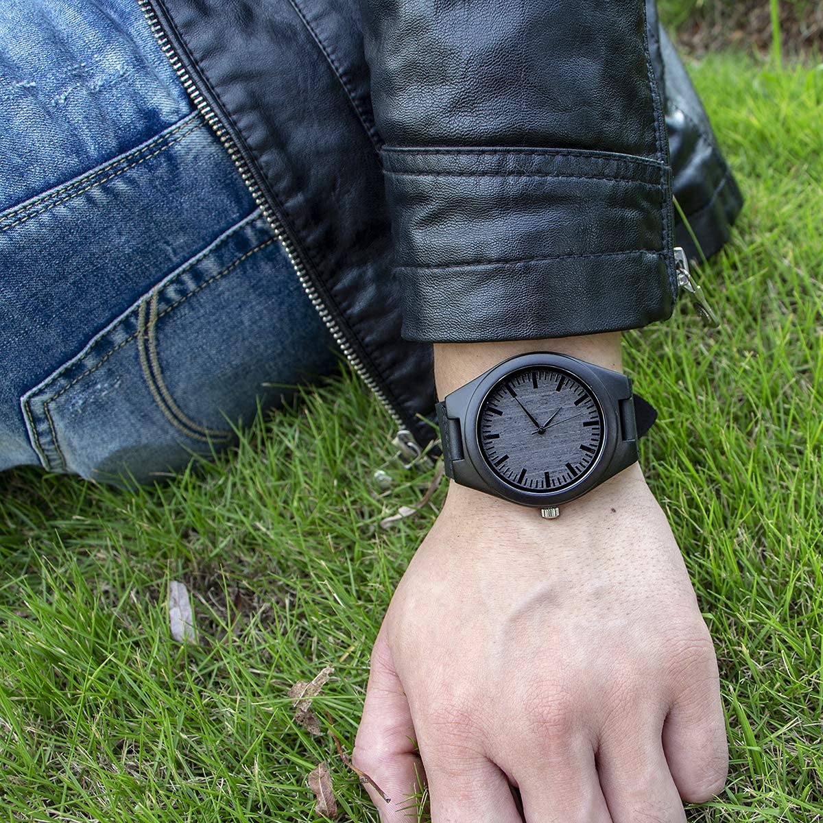 Kenon Engraved Wooden Watch for Men - Natural Ebony Wood Groomsmen Watch, Custom Engraved Gift for Husband, Son, Boyfriend - Perfect for Birthday, Anniversary, Wedding - Ideal for Formal Events & Everyday Wear