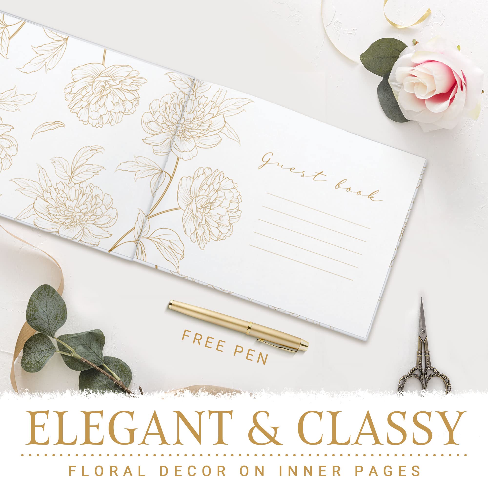 Elegant Gold Stamped Floral Wedding Guest Book with Pen - Perfect for Wedding Reception, Bridal Shower & Anniversary Celebrations