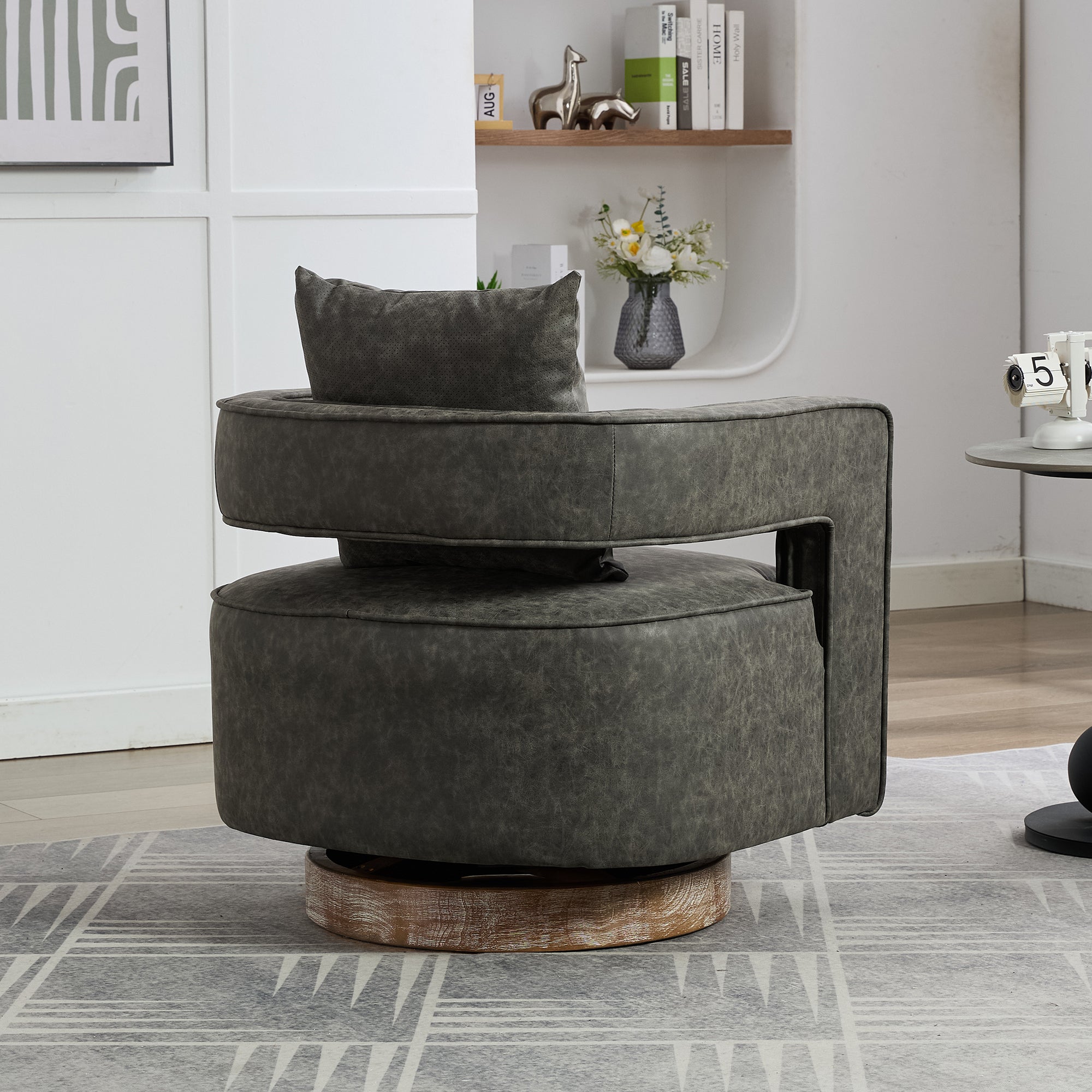 29.1W Swivel Accent Open Back Barrel Chair - Modern Comfy PU Sofa Chair with Weathered Base - Perfect for Nursery, Bedroom, Living Room, Hotel & Office - Club Chair Leisure Armchair for Lounge & Reading Corner (Gray)