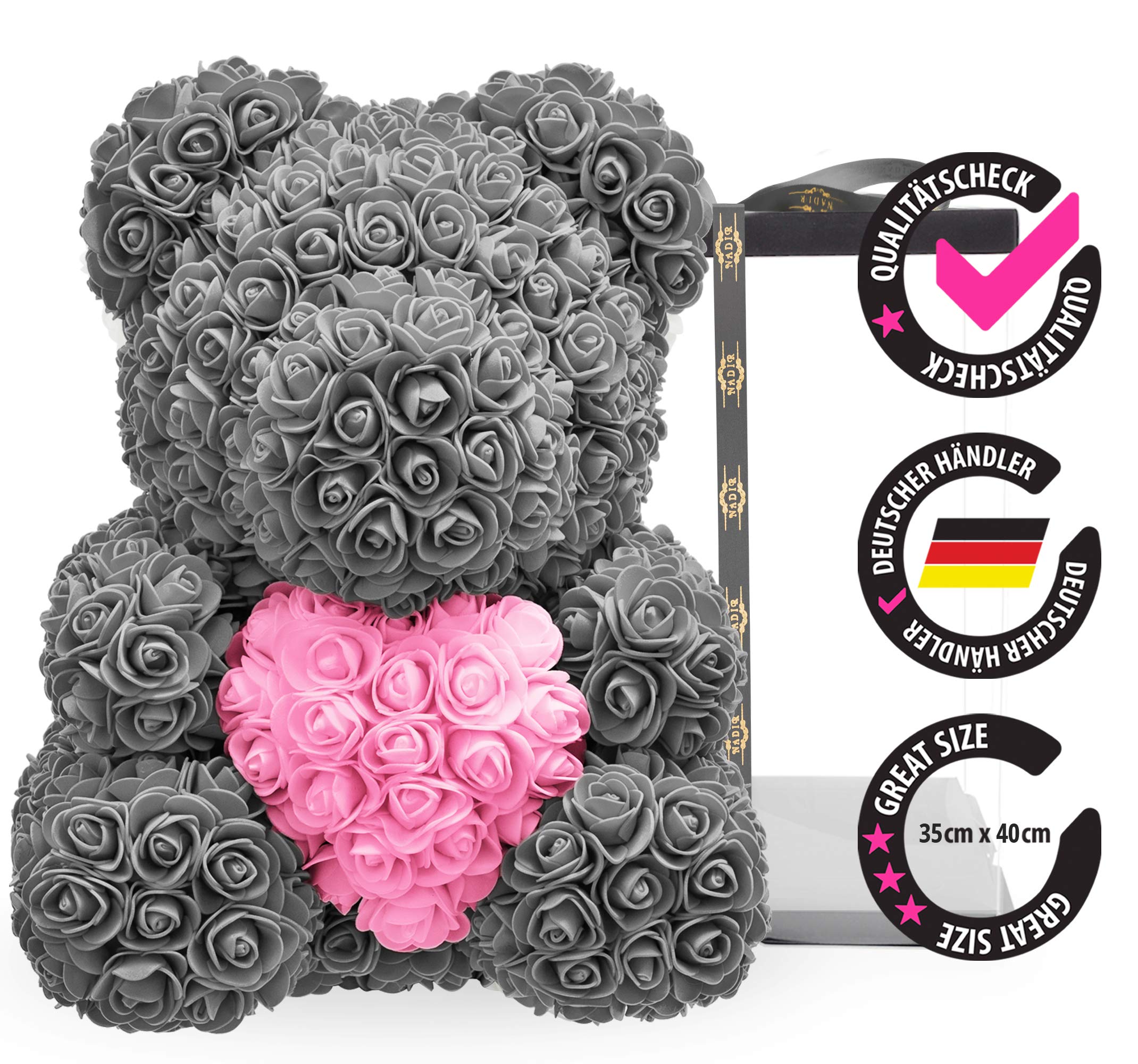 NADIR Flower Bear with Heart - Pre-Wrapped Gift Box Included | Infinity Rose Bear Teddy with Roses | Perfect for Valentine's Day, Mother's Day, Birthday & Anniversary Gifts | Romantic Home Decor & Special Occasion Present