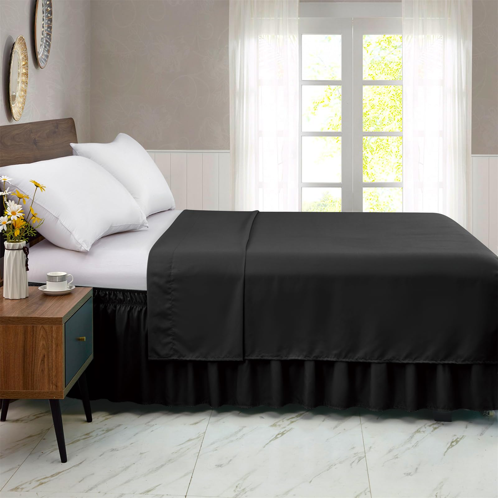 FreshCulture Queen Size Elastic Wrap Around Bed Skirt - 15-Inch Tailored Drop Dust Ruffle for Adjustable Beds | Hotel Quality Black Bed Skirt for Luxurious Bedroom Decor & Guest Room Styling
