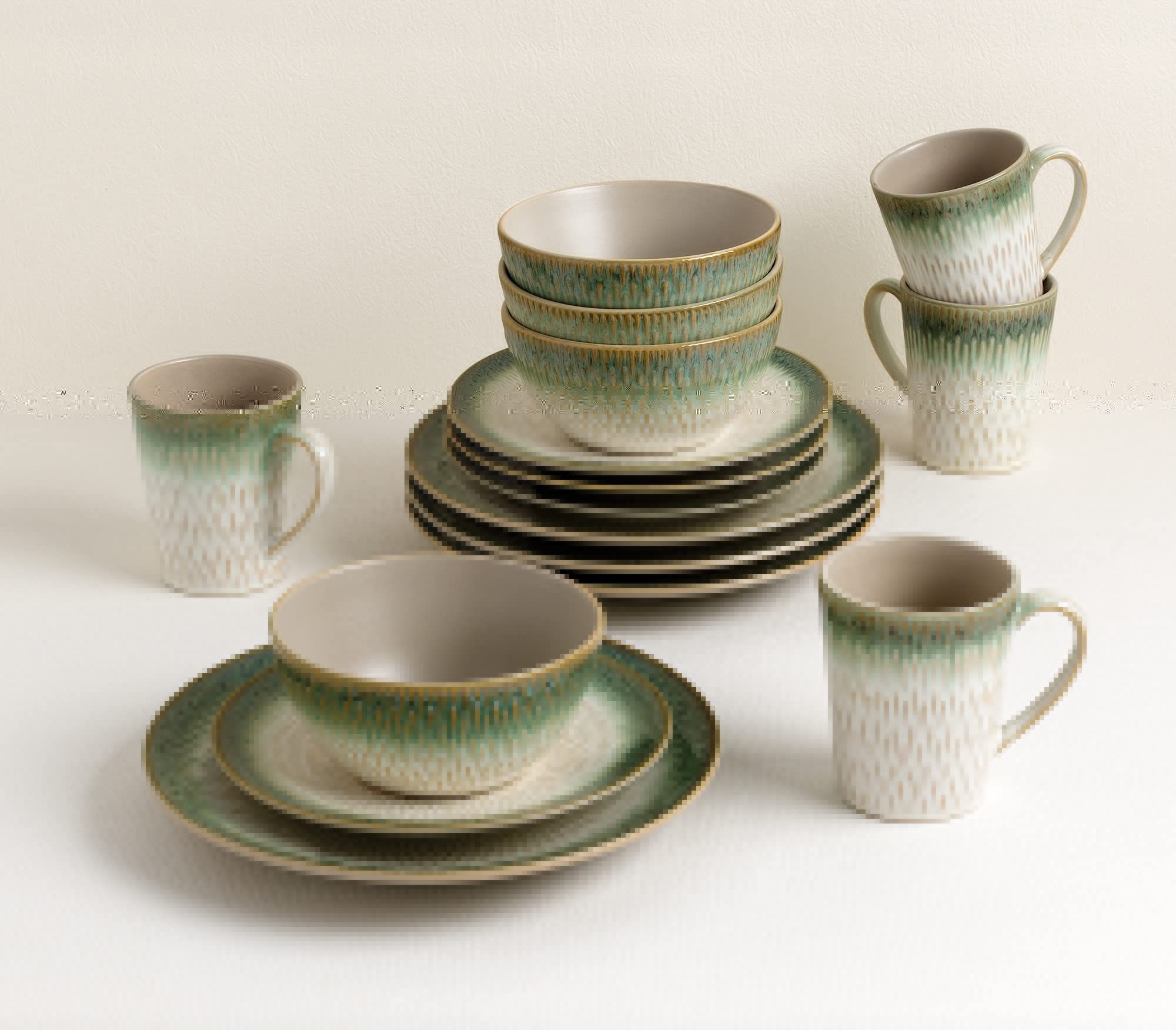 Elegant Modern Stoneware Scroll Dinnerware Set - 16-Piece Green Drop Collection for Parties, Events & Holiday Entertaining | Durable Dishware for Formal Dining, Wedding Receptions & Family Gatherings