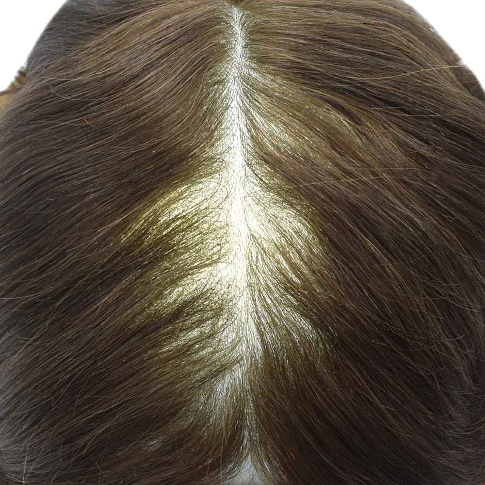 0.03mm Ultra Thin Skin Men's Toupee - Natural Human Hair Replacement System in Black, Brown, Blonde & Gray | V-Looped Hairpiece Wig (8x10 Inch, 100% Light Density, Medium Brown #4) for Daily Wear & Special Occasions