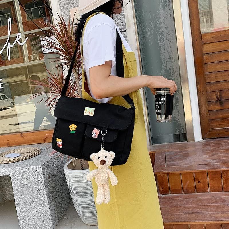 Stylish Canvas Crossbody Bag for Women & Girls - Cute Messenger Purse with Pins & Pendant - Fashionable Casual Shoulder Bag for School, Work & Travel