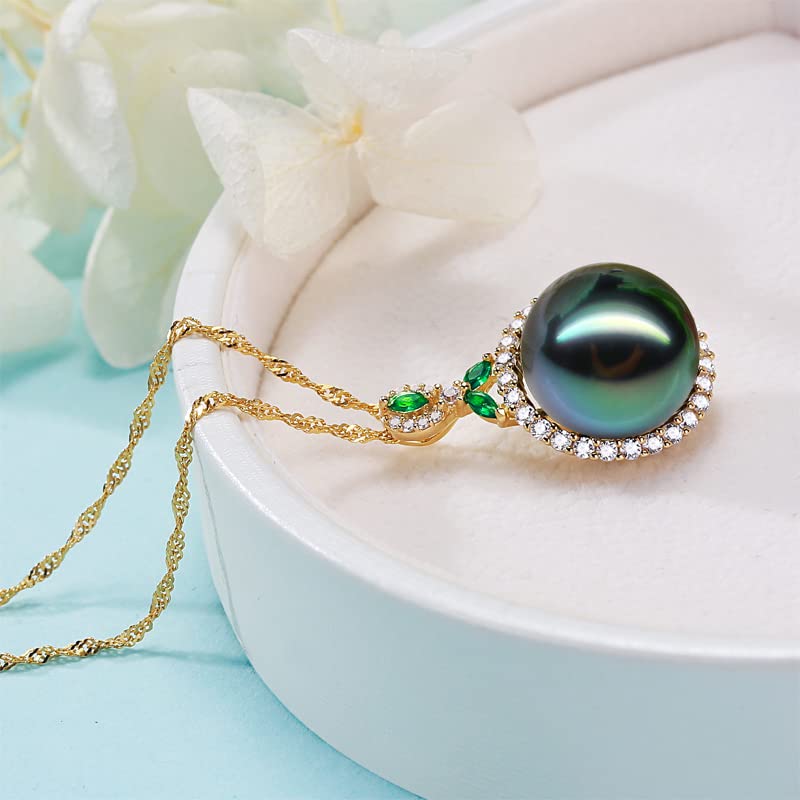 Tahitian Black Pearl Necklace for Women - 12-13mm Genuine South Sea Pearl Pendant in Sterling Silver Plated 18K Gold with Turquoise - Elegant Jewelry Gift for Christmas, Mother's Day & Valentine's Day - Perfect for Weddings, Anniversaries & Special Occasions