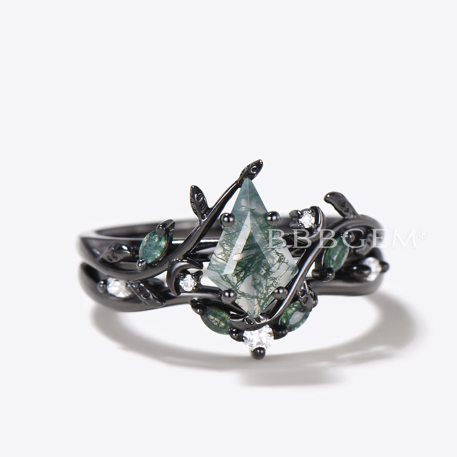 Natural Moss Agate Engagement Ring - Leaf Inspired Bridal Set with Kite Cut Gemstone for Nature Lovers | Perfect for Outdoor Weddings, Boho Chic Style & Unique Proposal Gifts