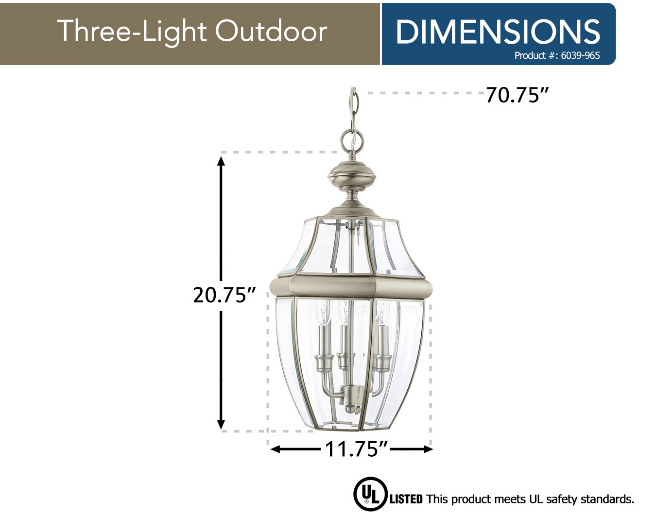Sea Gull Lighting 6039-965 Lancaster Outdoor Pendant Lantern - 3-Light Gray Exterior Fixture for Porch, Patio & Garden Lighting