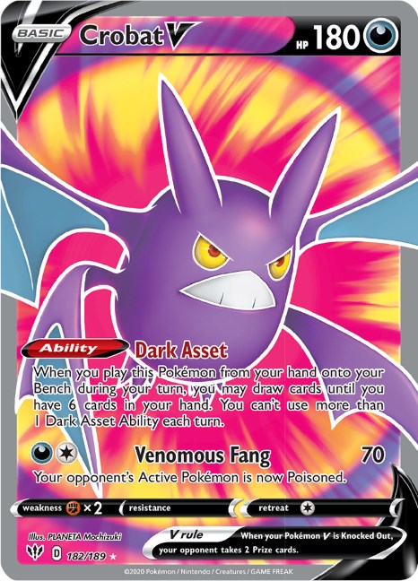 Crobat V Full Art Pokemon Card - SWSH03 182/189 - Rare Collectible for TCG Players & Fans | Perfect for Battles, Trading & Display