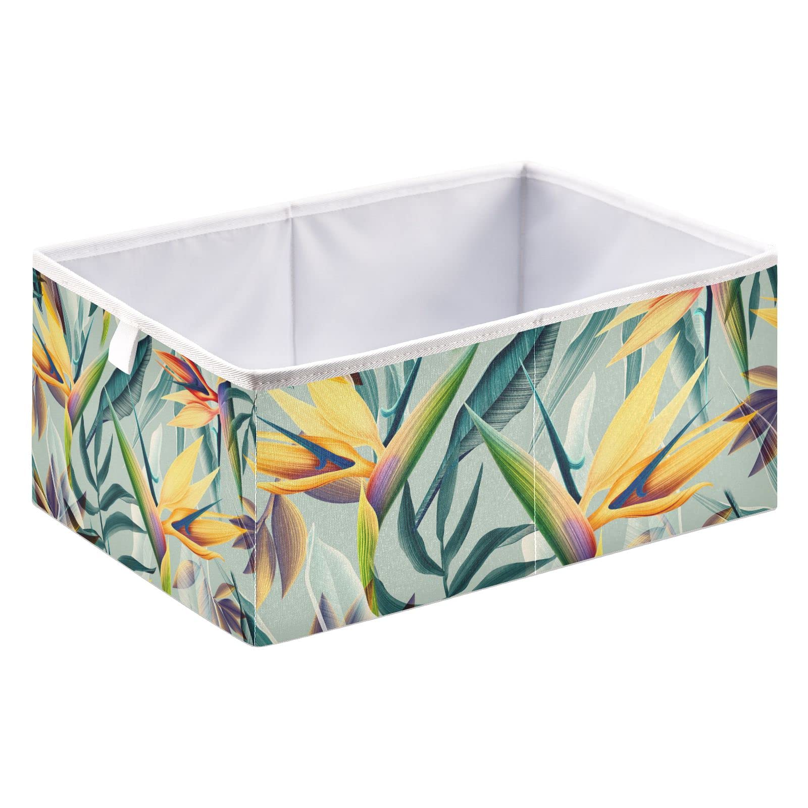 Seamless Tropical Flower Plant Leaf Square Collapsible Storage Bins | Foldable Toy Nursery Basket with Handles | Cloth Cube Organizer for Shelves & Closet | Perfect for Home Organization, Kids Room & Closet Storage