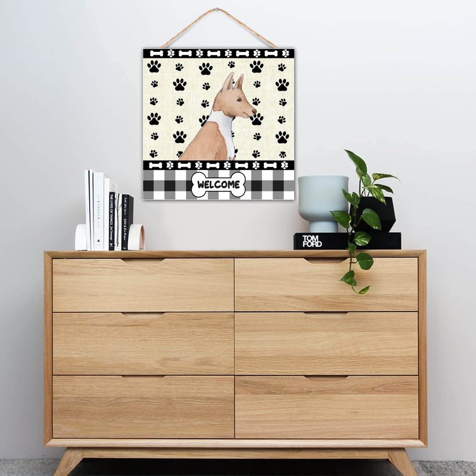 Rustic Wood Signs 8x8 Inch - Basenji Dog Paw Welcome Plaque, Farmhouse Wall Art Decor for Kitchen, Dining Room & Entryway - Perfect for Pet Lovers & Home Decor Gifts