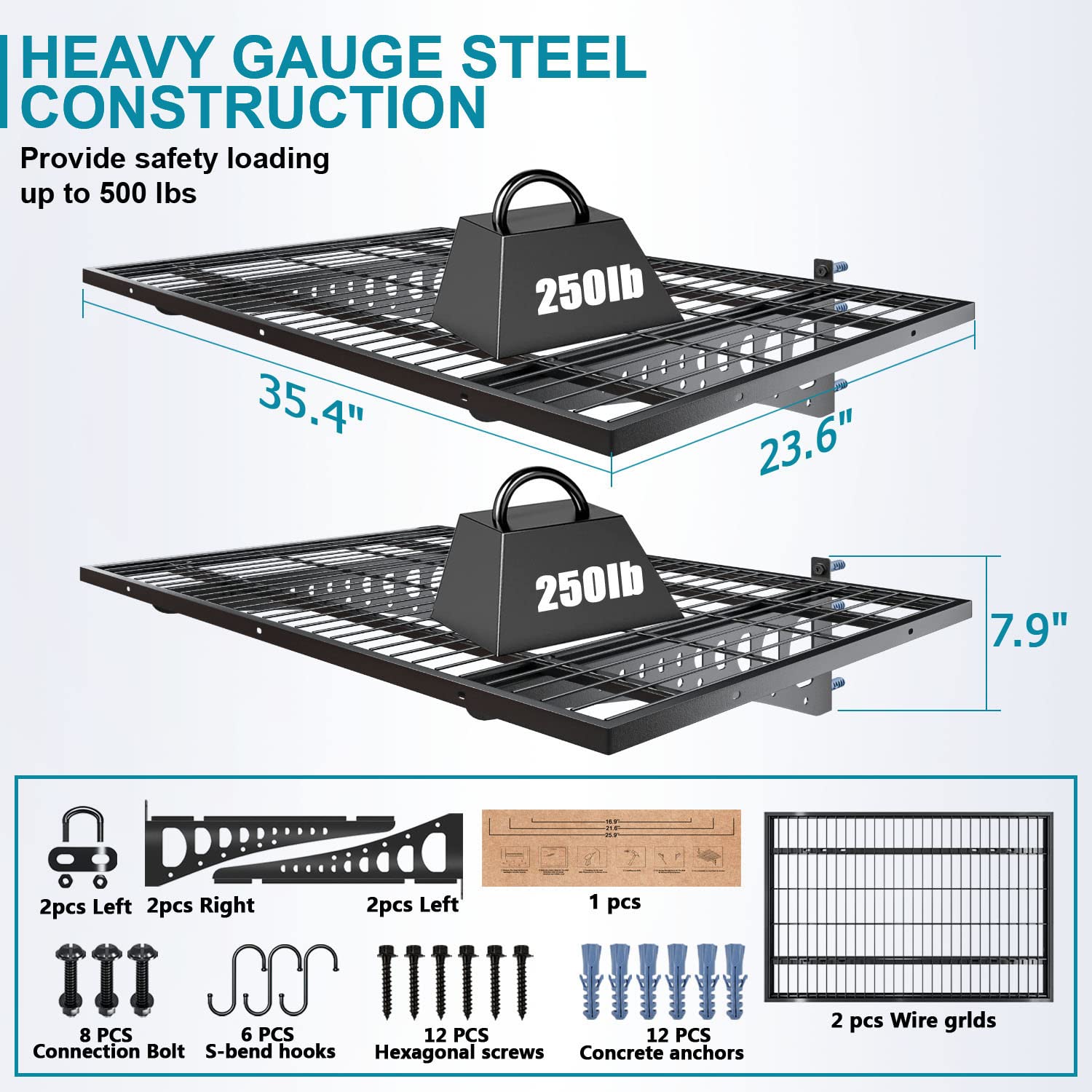 Heavy Duty Wall Mounted Garage Storage Shelves 2 Pack (2x3ft) - 500 lbs Capacity, Adjustable Black Metal Floating Shelving System for Garage, Basement & Workshop Organization