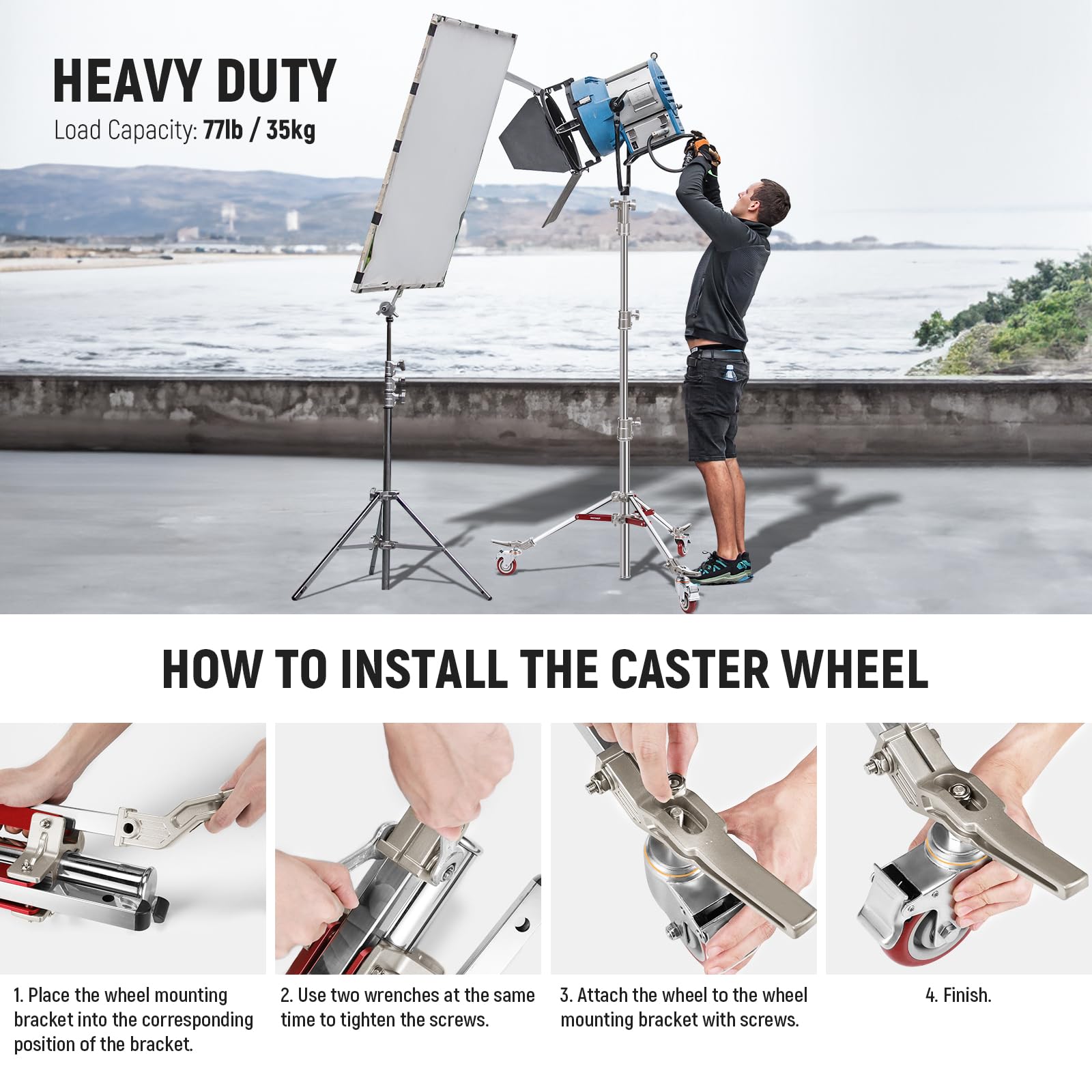 NEEWER Heavy Duty Stainless Steel Light Stand with Wheels - 7.9ft/240cm Studio Stand with 1-1/8