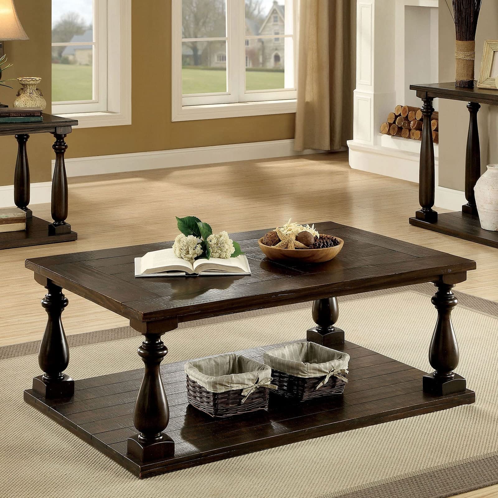 Dark Walnut Wood Coffee Table with Open Shelf - Rustic Modern Living Room Furniture for Small Spaces, Home Decor & Entertaining