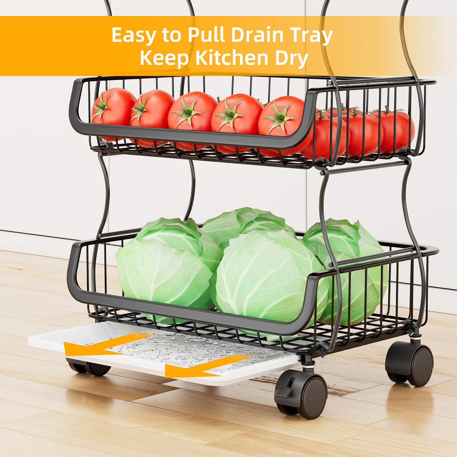 4-Tier Rolling Kitchen Cart with Wheels - Stackable Metal Wire Basket Organizer for Fruits, Vegetables, Bread & Snacks - Includes 2 Hanging Baskets - Perfect for Pantry, Grocery Storage & Small Space Organization (Black)