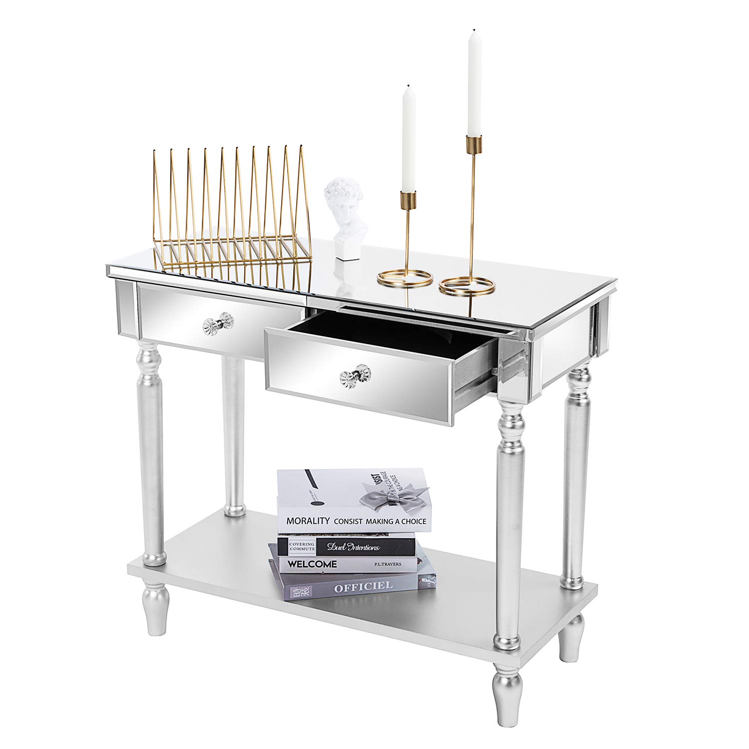 Modern Silver Mirrored Console Table with 2 Drawers - Makeup Vanity Desk, Dressing Table & Entryway Sofa Side Table for Women | Perfect for Home Office, Bedroom & Hallway Decor
