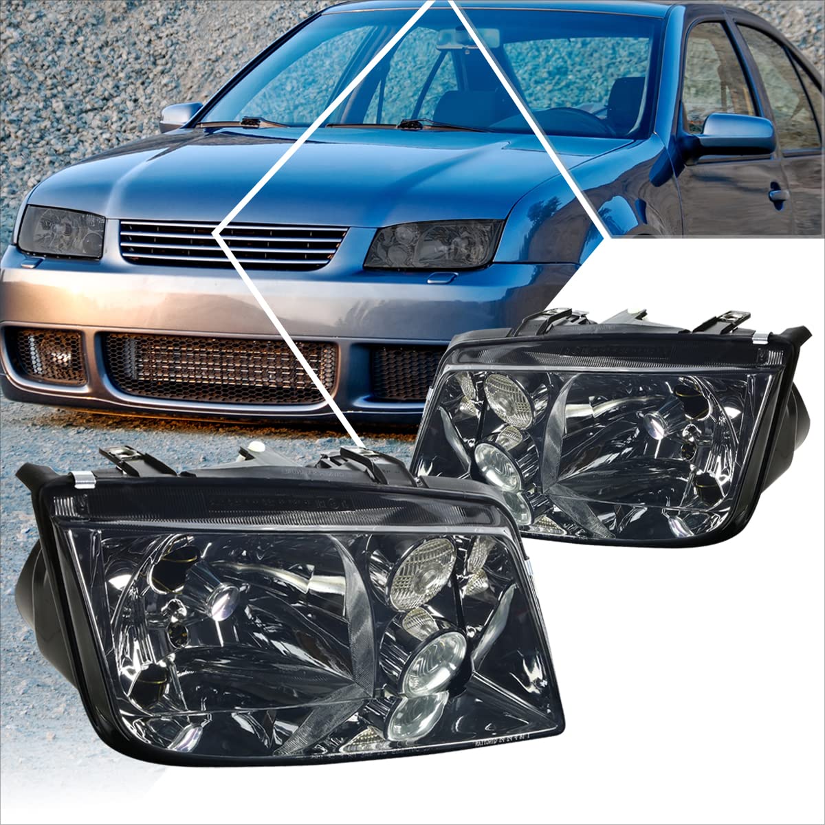 PM PERFORMOTOR 2Pcs Euro-Spec E-Code Style Headlights Assembly with Fog Light - Compatible with VW Jetta MK4 1999-2005, Smoked Lens - Upgrade for Night Driving & Enhanced Style