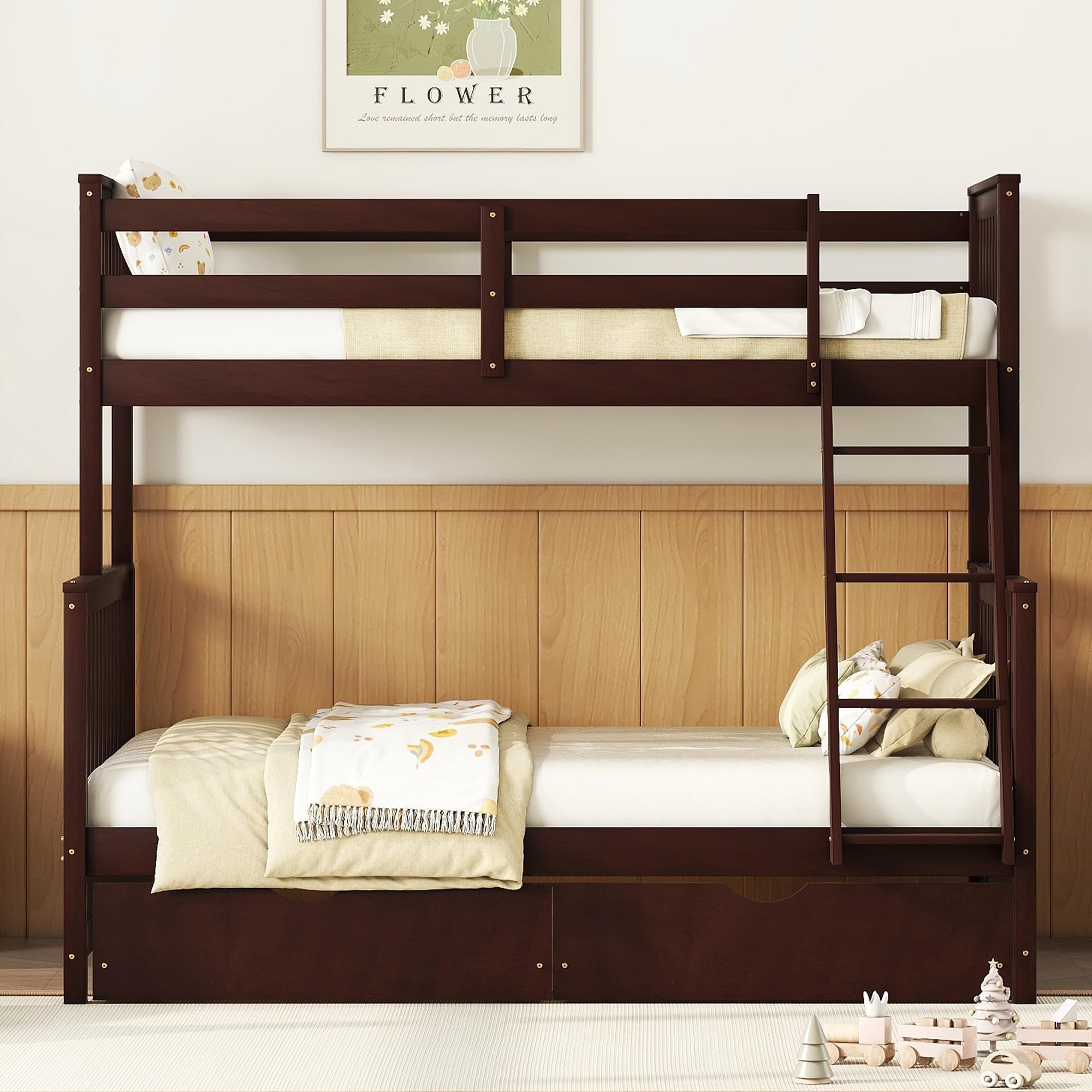 Harper & Bright Designs Twin Over Full Bunk Bed with Storage Drawers - Solid Pine Wood Frame, Safety Guard Rails & Ladder - Space Saving Kids & Teens Bunk Bed for Boys & Girls - No Box Spring Needed - Espresso Finish - Perfect for Small Bedrooms, Shared Kids Rooms & Vacation Homes