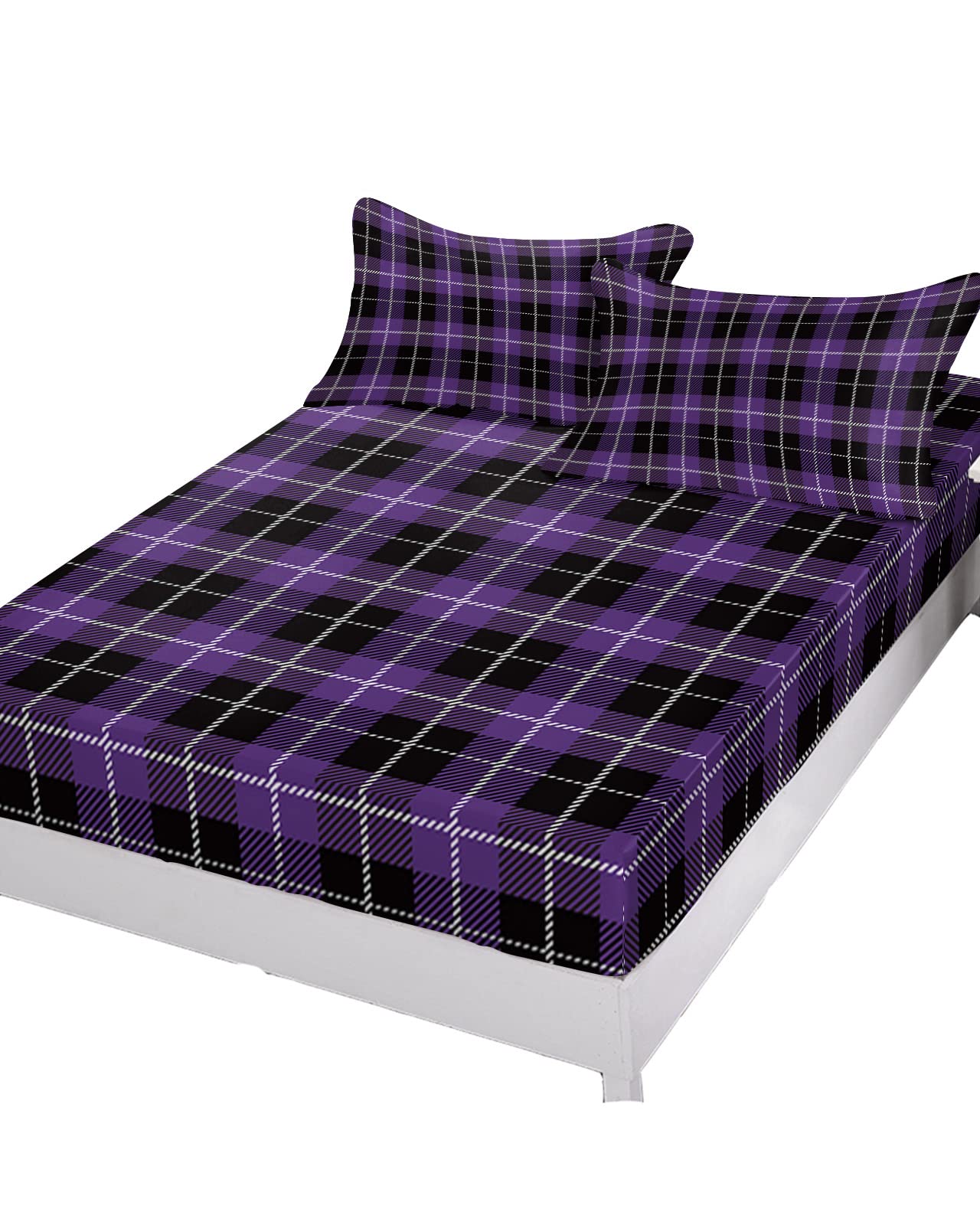 Halloween Black & Purple Buffalo Plaid Fitted Sheet - Full Size Deep Pocket (5-16