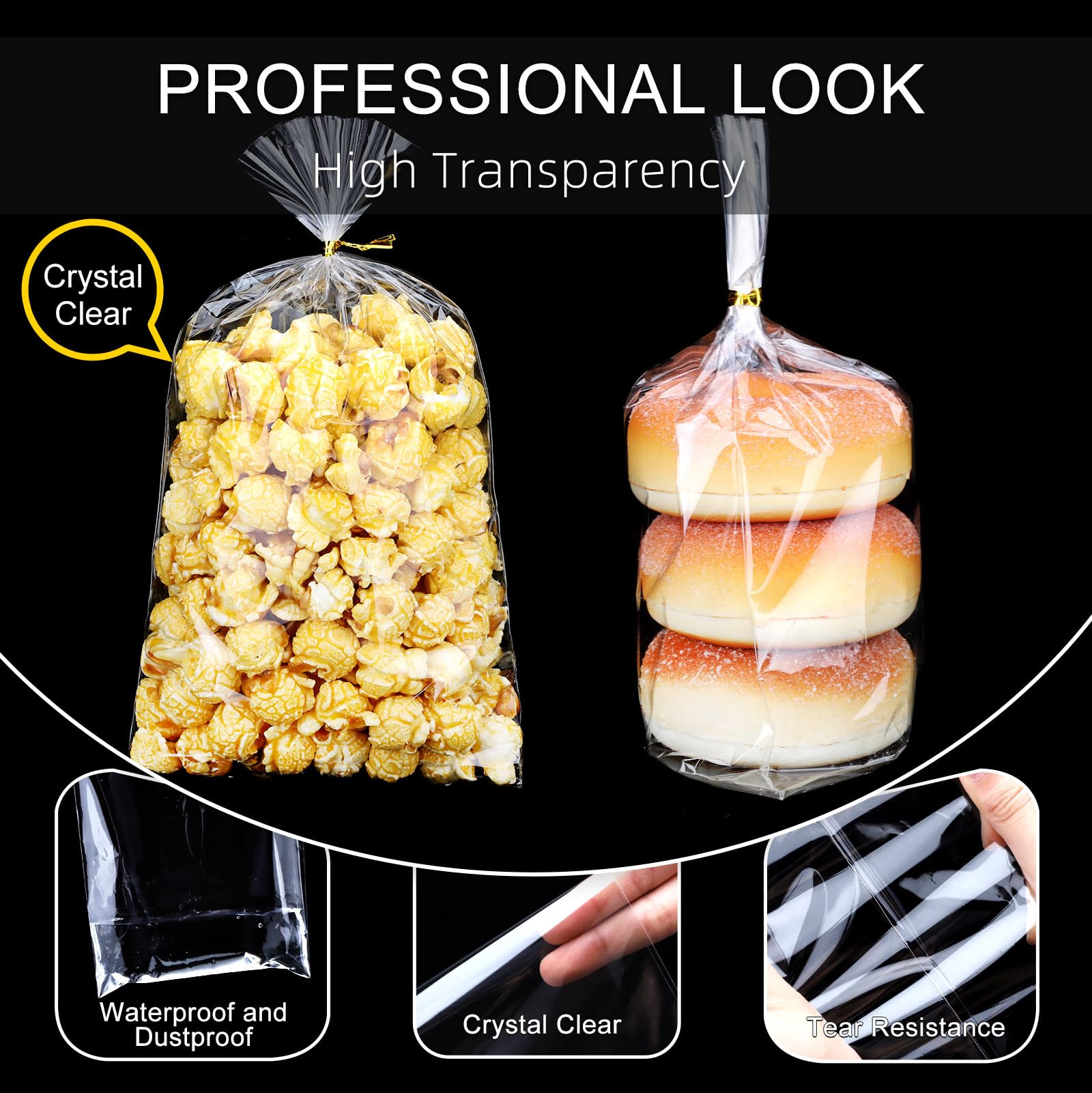 100pcs 6x10 Inch Clear Cellophane Candy Bags with Ties - Treat Bags for Party Favors, Goodie Bags, Cake Pops, Gift Baskets, Bakery Cookies & Apple Gifts | Perfect for Birthday Parties, Baby Showers & Holiday Gift Giving