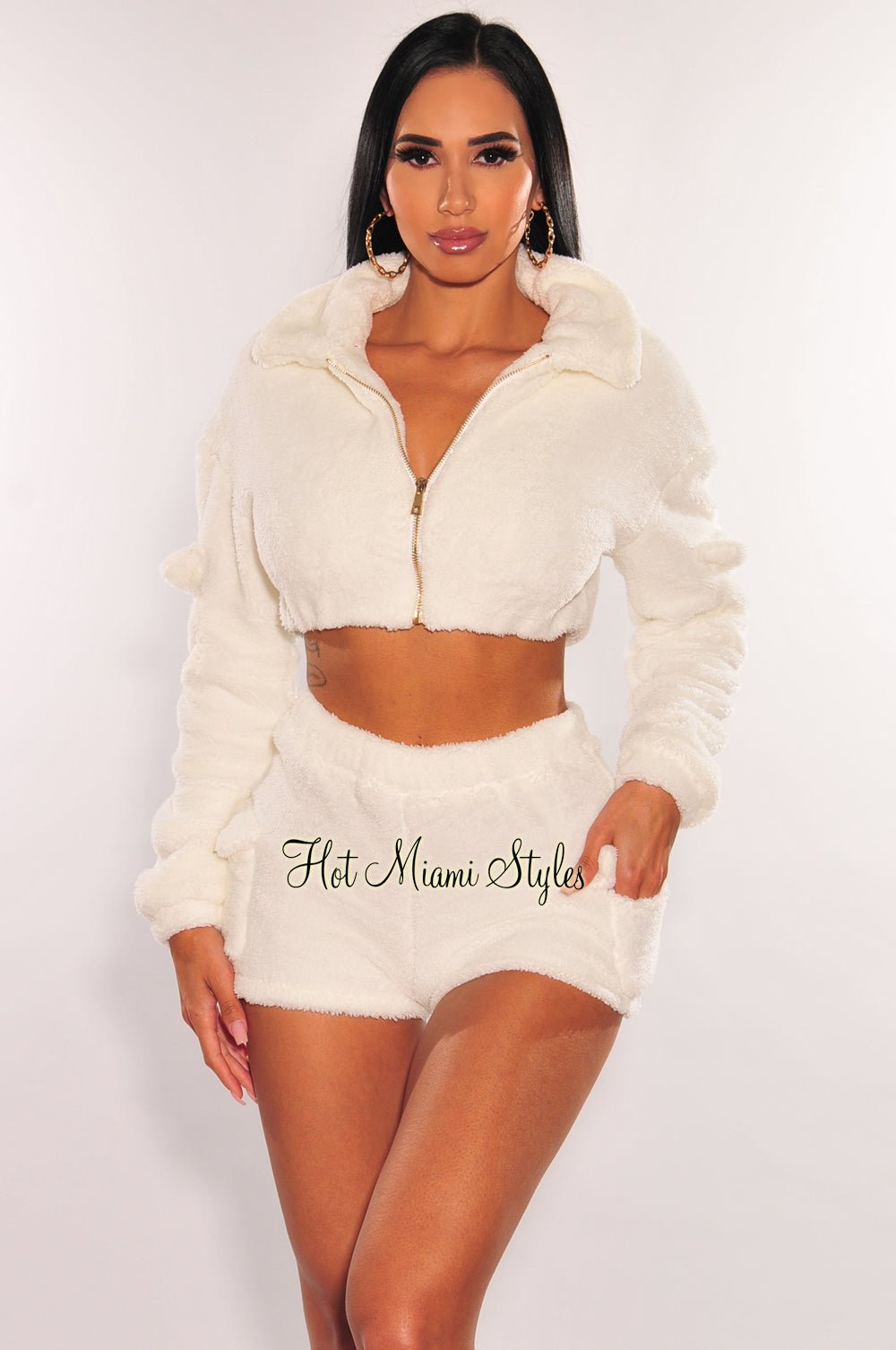 Women's White Fuzzy Collared Zip Up Hoodie and Shorts Two Piece Set - Cozy Winter Loungewear for Home & Casual Outings