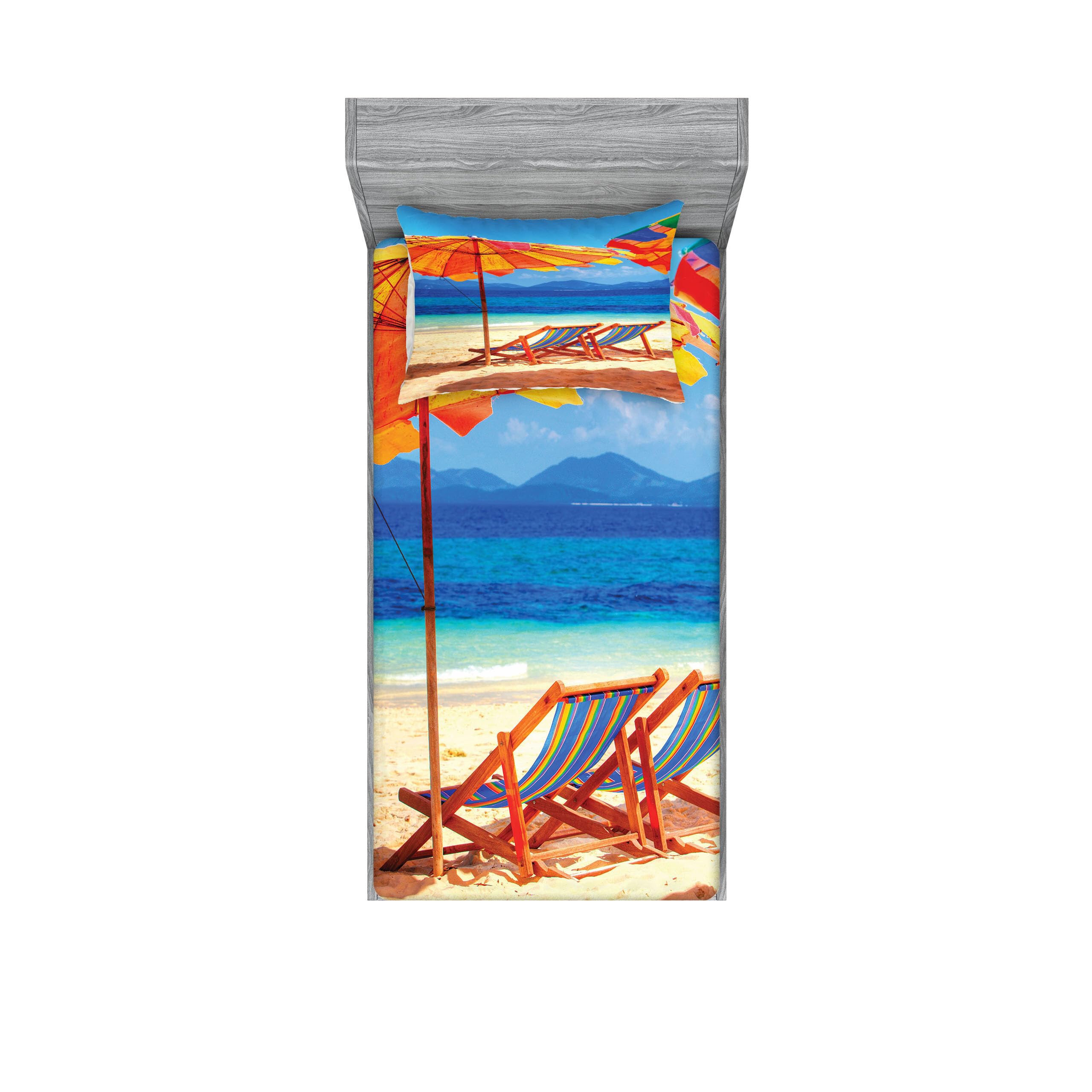 Ambesonne Seaside Fitted Sheet & Pillow Sham Set - Tropical Thailand Beach Decor with Deck Chairs | 2-Piece Printed Bedding Set for Twin Beds in Orange & Blue | Perfect for Coastal, Vacation & Boho Bedroom Themes