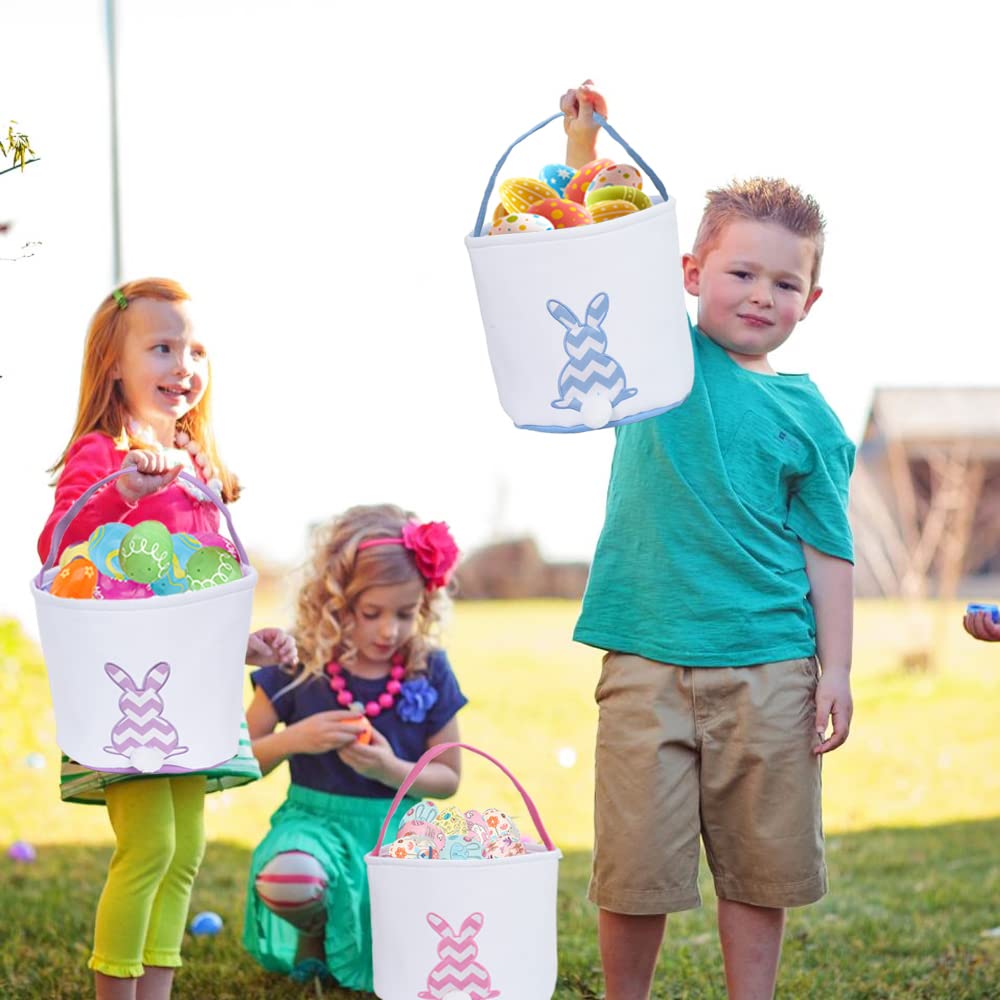 3 Pack Easter Bunny Baskets - Cotton Canvas Easter Egg Baskets for Kids - Perfect for Boys & Girls Easter Egg Hunts - Great for Easter Decorations, Party Favors & Spring Celebrations (Purple, Blue, Pink)