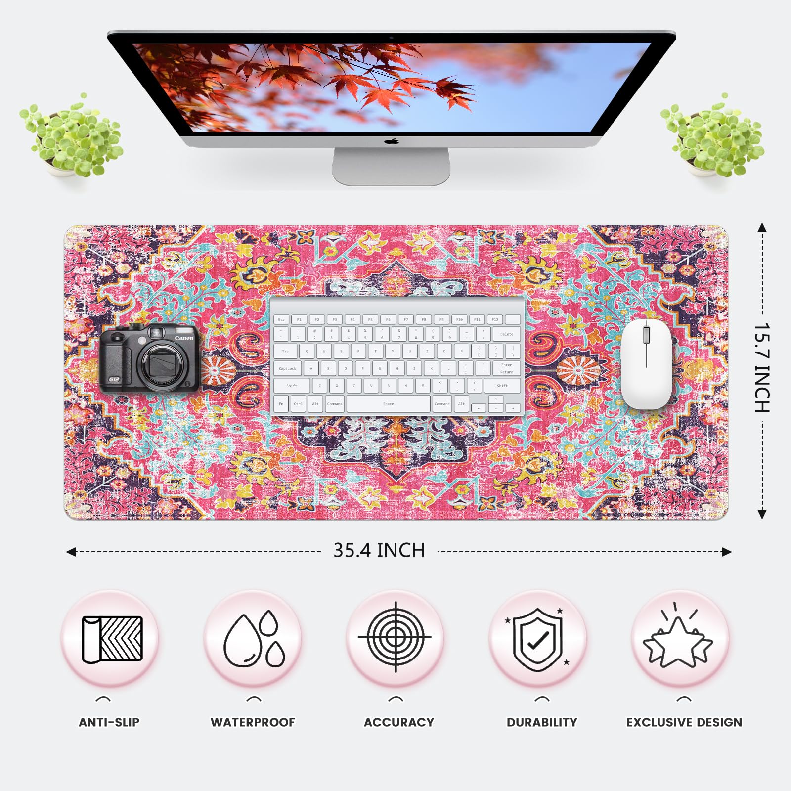 iLeadon Large Boho Desk Mouse Pad Mat - Smooth Lycra Surface, Non-Slip Rubber Base, Stitched Edges - Perfect for Office & Home Workspace (Boho Floral Design) | Computer Desk Cover, Keyboard Mat for Comfortable Typing & Mouse Movement