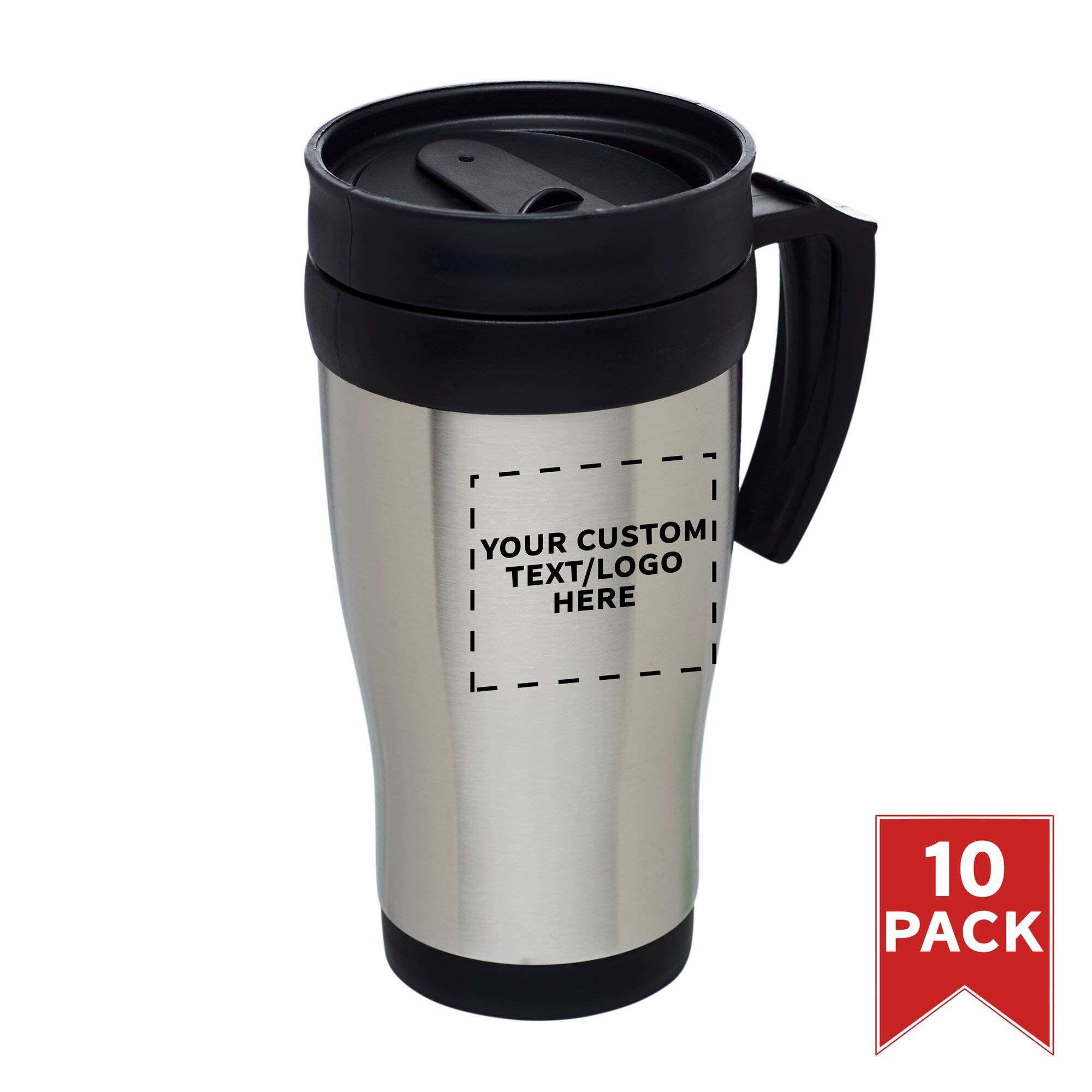 Custom 14 oz Stainless Steel Travel Mugs with Handle - Bulk Pack of 10 Personalized Drinkware - Insulated for Hot Coffee & Iced Beverages - Silver - Perfect for Office, Camping, Travel & Gifts