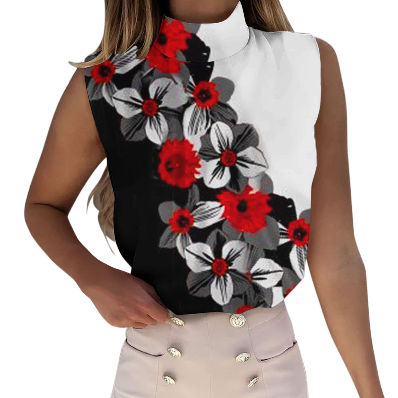 Women's Floral Print Sleeveless Turtleneck Tank Top - Black Casual Blouse for Women | Perfect for Loungewear, Sleepwear & Everyday Comfort
