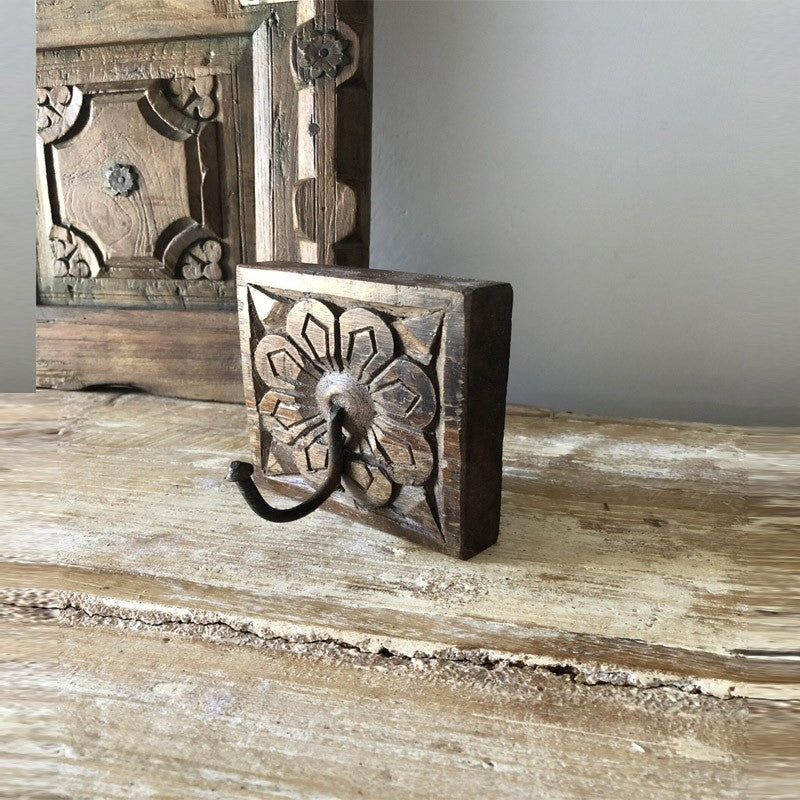 Hand Carved Floral Indian Wooden Coat Rack Wall Hanger with 1 Hook - Vintage Home Decor for Entryway, Bedroom & Hallway Organization