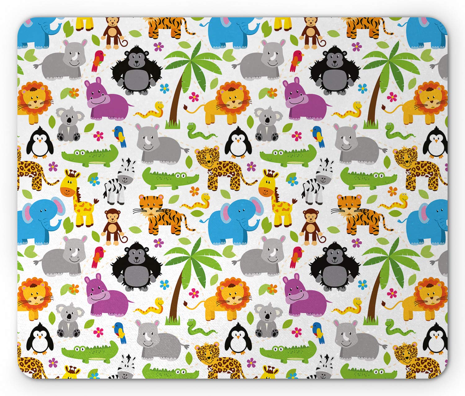 Ambesonne Cartoon Animal Mouse Pad - Non-Slip Rubber Gaming Mousepad with Lions, Koalas, Tigers, Crocodiles & Monkeys Design - Standard Size Rectangle Mouse Mat for Office, Home & PC Gaming Setup