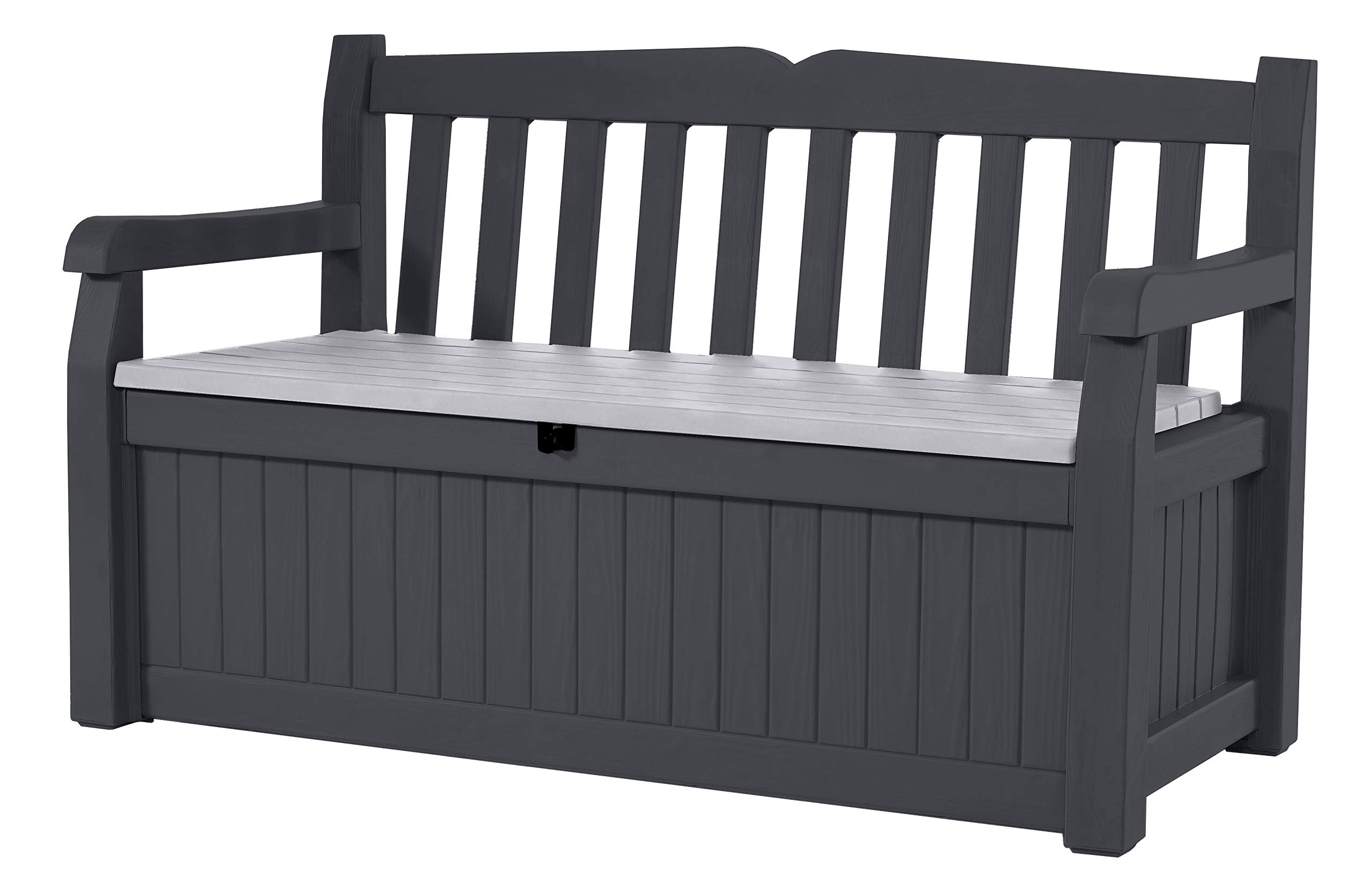Keter Eden 70 Gallon Outdoor Storage Bench Deck Box - Waterproof Patio Furniture Storage, Front Porch Decor & Garden Tool Organizer - Perfect for Storing Pool Toys, Cushions & Outdoor Accessories (Grey) - Ideal for Backyard, Deck & Poolside Storage Solutions