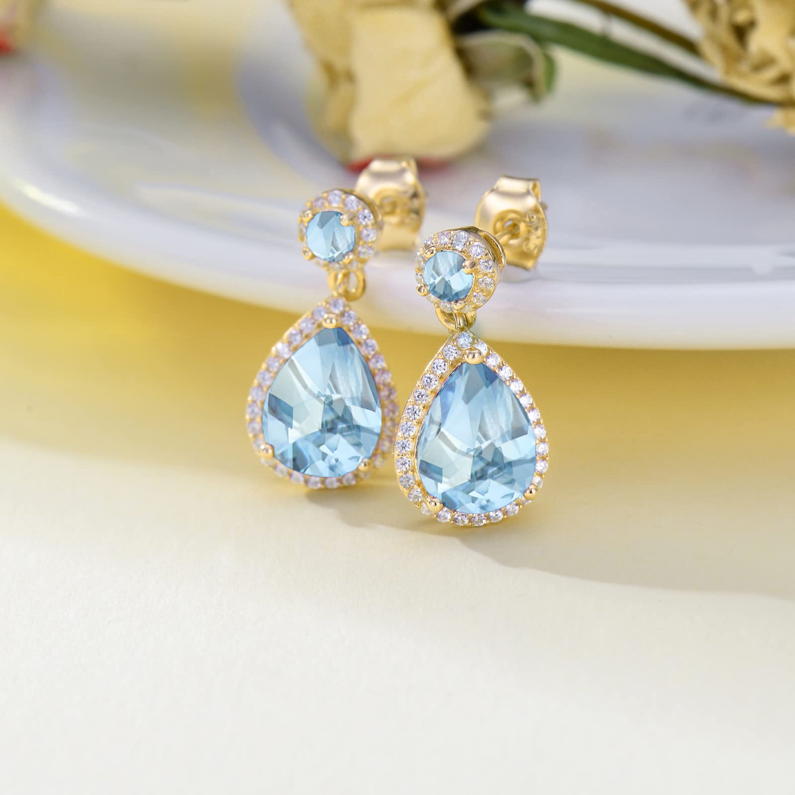 TOUPOP 14k Gold Plated Sterling Silver Birthstone Teardrop Stud Earrings for Women - Elegant Dangle Jewelry for Birthday, Mother's Day & Special Occasion Gifts | Perfect for Weddings, Parties & Everyday Wear