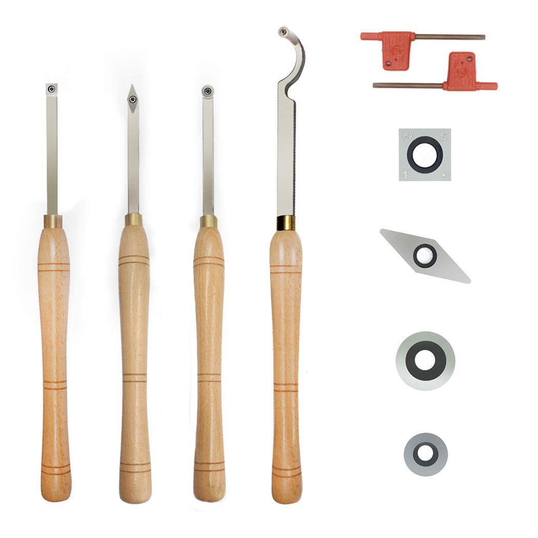 Premium Carbide Tipped Wood Turning Tools Lathe Set - Finisher, Rougher, Detailer & Swan Neck Hollower with Solid Wood Handle (Includes Diamond/Round/Square Carbide Inserts) - Perfect for Woodturning, DIY Projects & Professional Woodworking