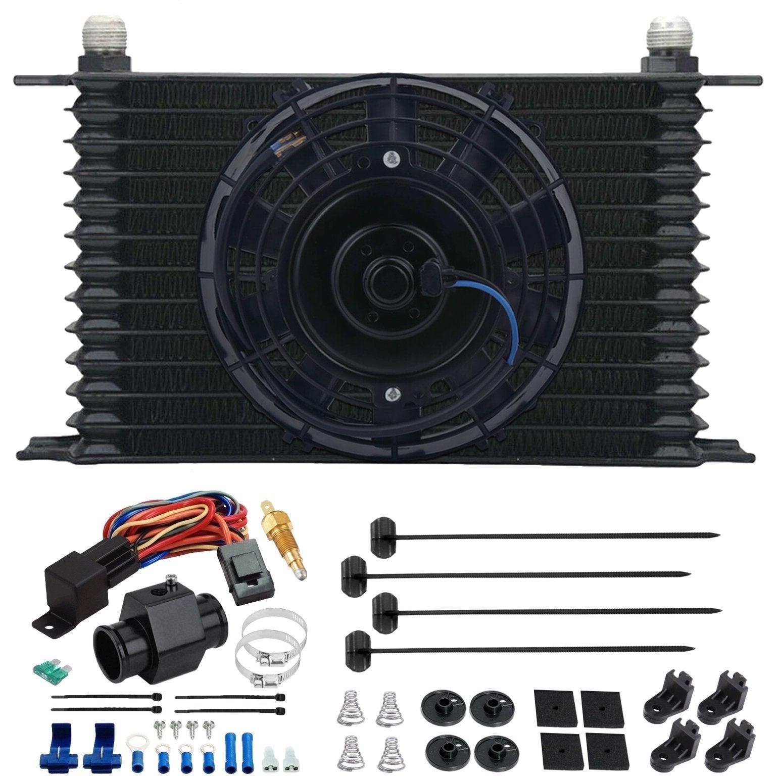 13 Row AN Transmission Oil Cooler with Electric Fan & Hose Line - High-Performance Cooling for Trucks, SUVs, and Off-Road Vehicles - Perfect for Towing, Racing, and Heavy-Duty Applications