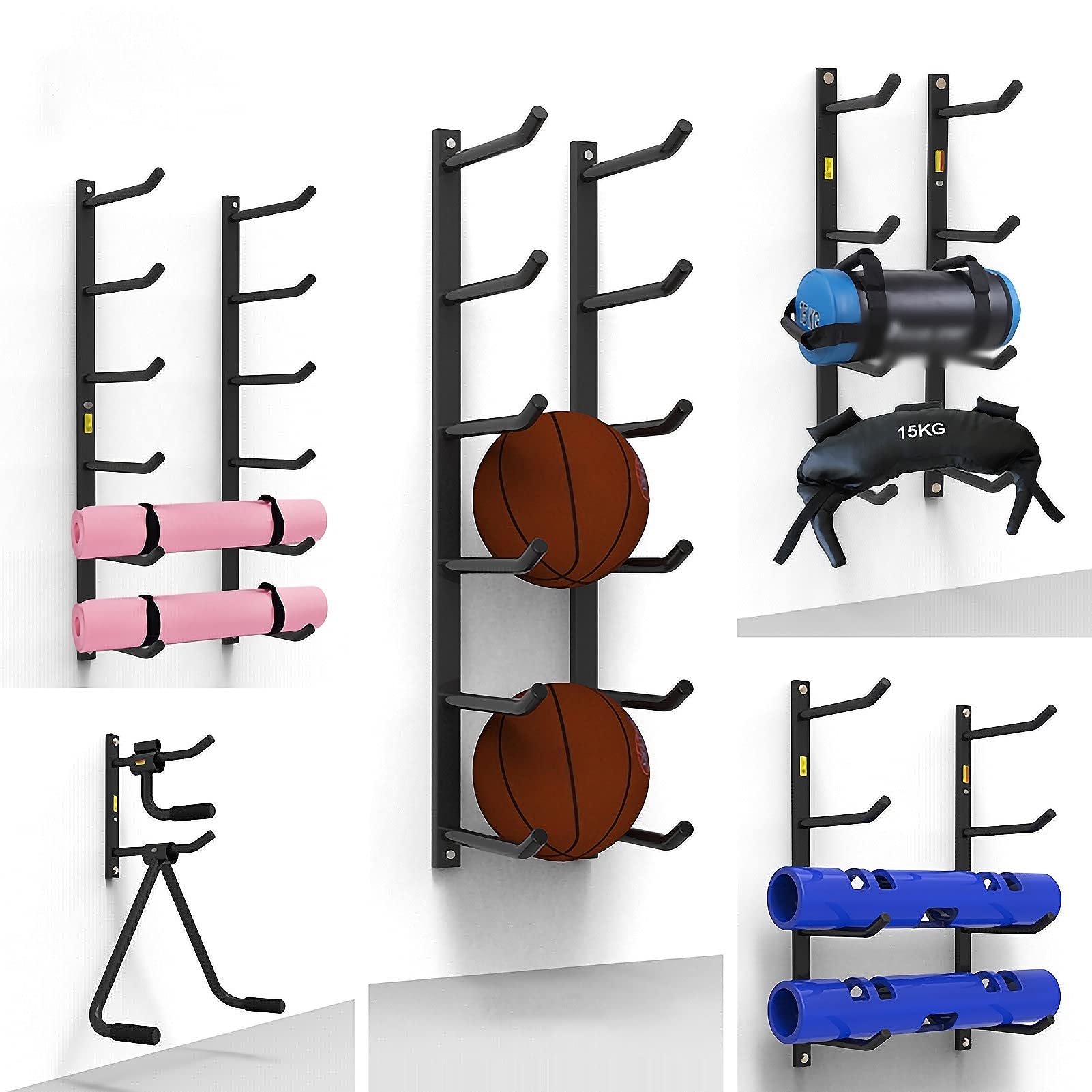 6-Layer Heavy Duty Wall Mount Ball Storage Rack - Organizer for Basketball, Volleyball, Soccer Balls - 300kg Capacity - Easy Installation - Black - Perfect for Gym, Sports Club & Home Storage