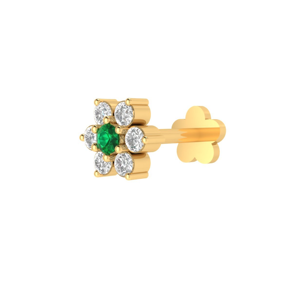 Certified 14K Yellow Gold Floral Diamond & Emerald Nose Stud for Women - 0.05 CTTW Natural Diamond (H-I Color, I1-I2 Clarity) with 3-Prong Setting - Perfect Holiday Gift, Birthday Present & Everyday Elegant Jewelry
