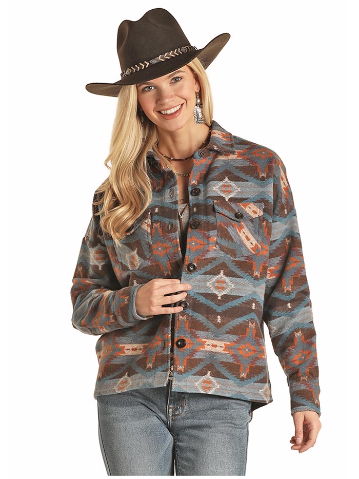 Panhandle 52 2048 Juniors Aztec Print Boyfriend Fit Shirt Jacket Brown | Stylish Casual Outerwear for Teens | Perfect for School, Shopping & Weekend Outings