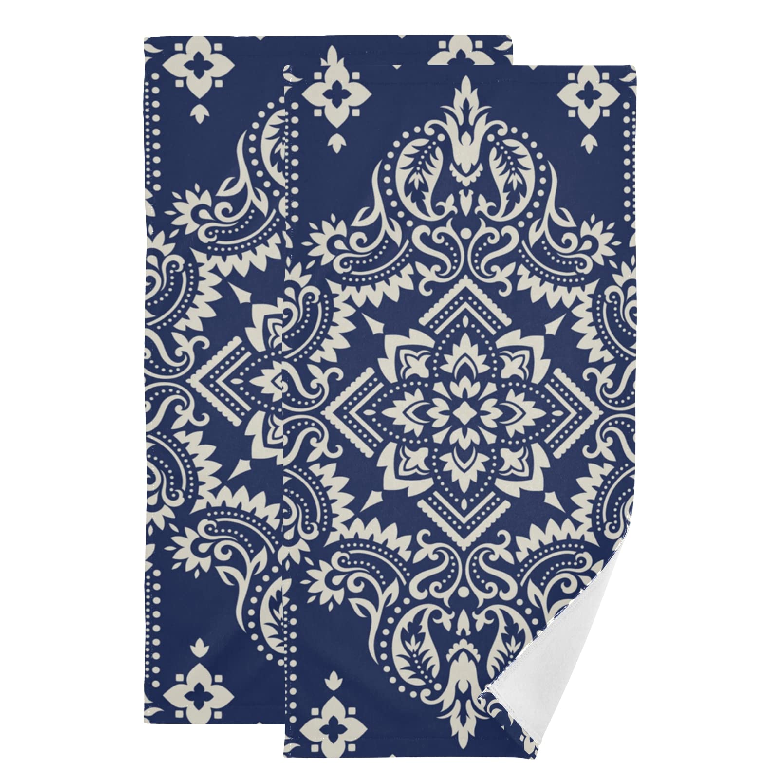 Premium Navy Blue Medallion Paisley Hand Towels Set of 2 - Ultra Soft Absorbent Face & Bath Towels 28