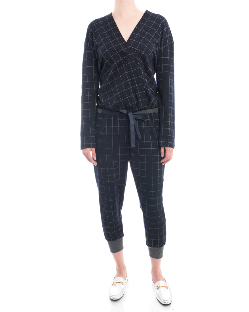 Brunello Cucinelli Navy Blue Wool Check Jumpsuit with Grey Cuffs - Size M | Women's Luxury Fashion for Office & Evening Events