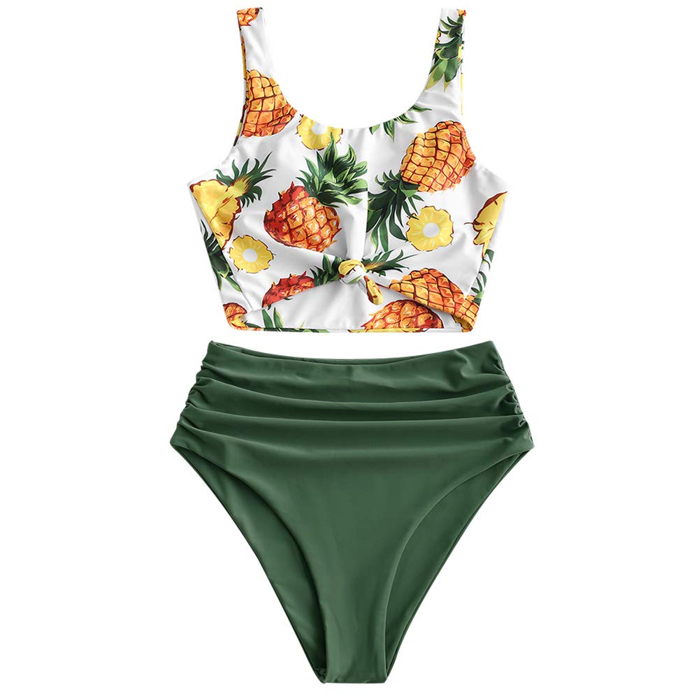 ZAFUL Women's Knot Scoop Neck Bikini Set - Ruched High Waisted Two Piece Swimwear with Tankini Top | Perfect for Beach Vacation, Pool Party & Summer Getaway