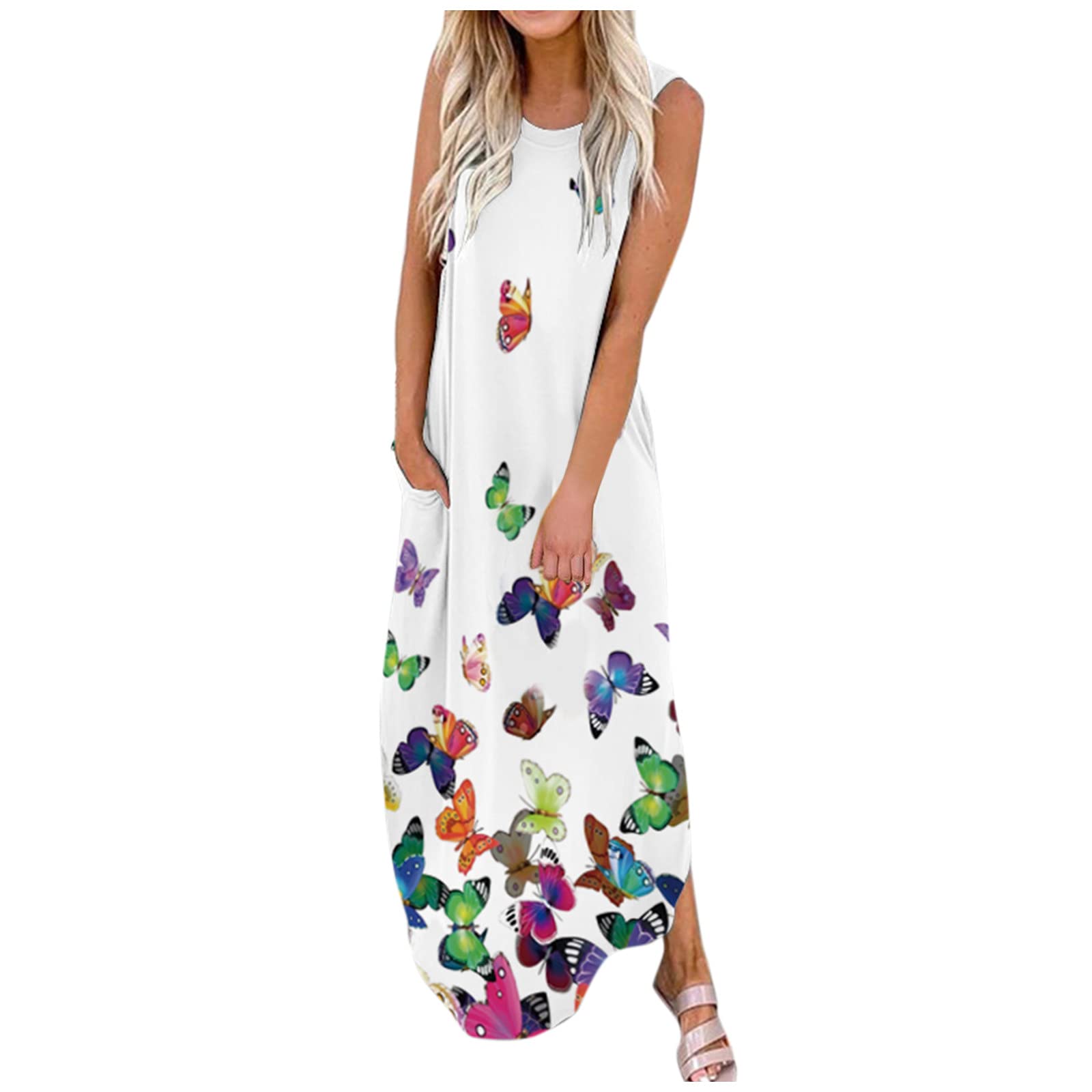 Women's Floral Print Loose Casual Maxi Dress with Pockets - Sleeveless Beach Dress for Summer Vacation, Outdoor Parties & Boho Style Fashion