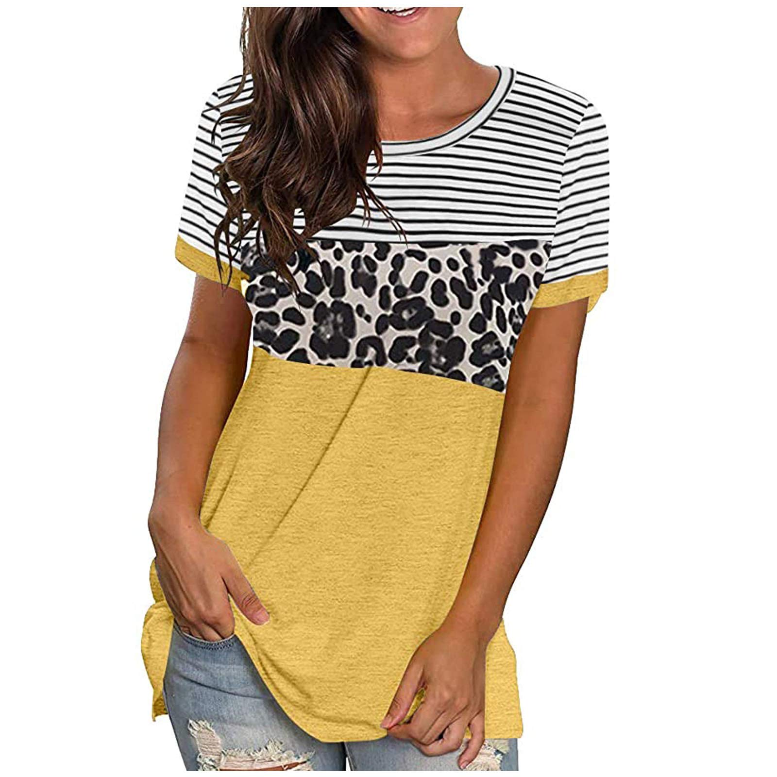 GFPGNDFHG Women's Summer Floral T-Shirt - O-Neck Pullover Short Sleeve Blouse with Splicing Design | Casual Tunic Top for Beach, Vacation & Everyday Wear