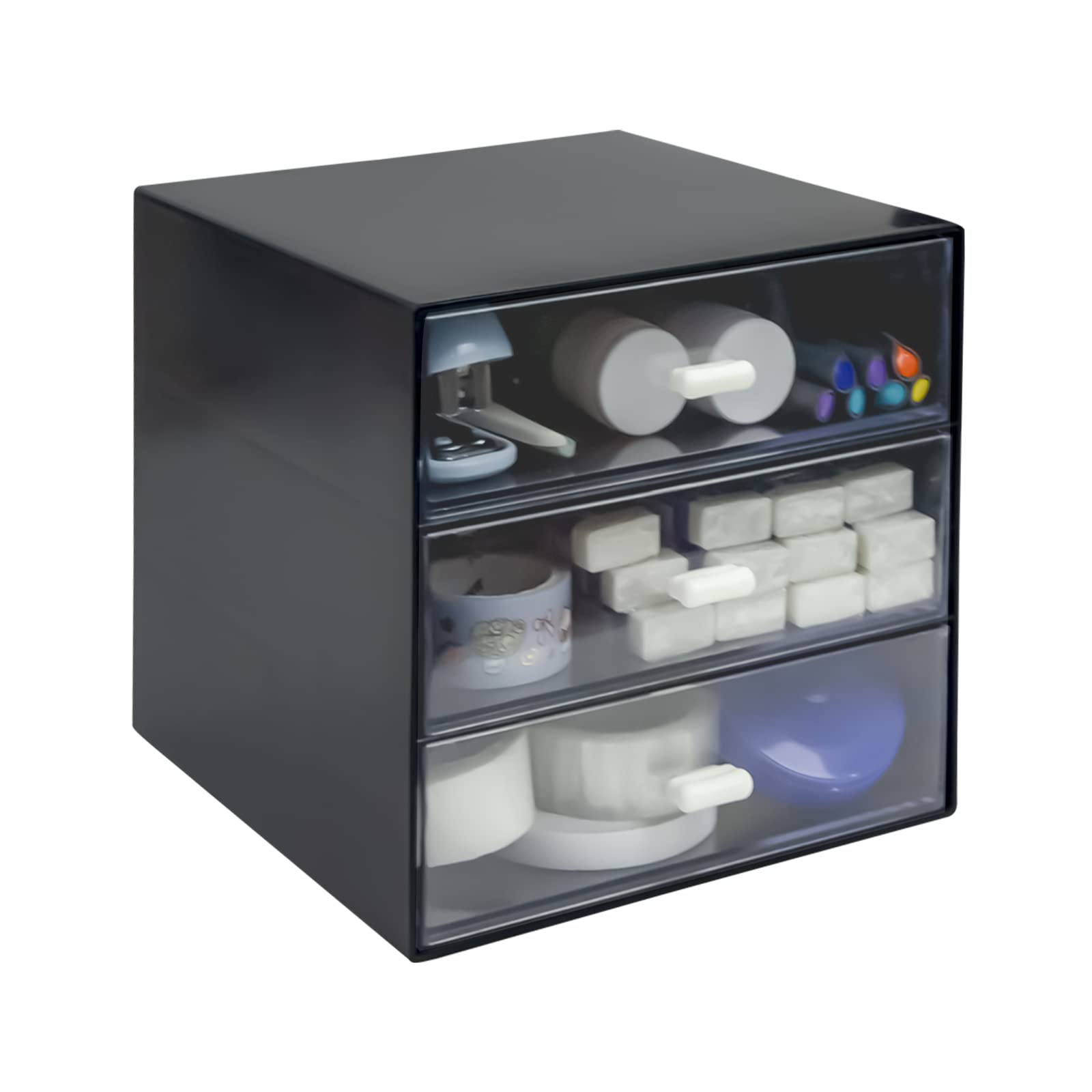 3-Drawer Black Plastic Desk Organizer with Storage Box - Office, School & Home Stationery Supplies Organizer for Pens, Paper Clips & Small Accessories - Perfect for Workspace, Study Desk & Dorm Room Organization