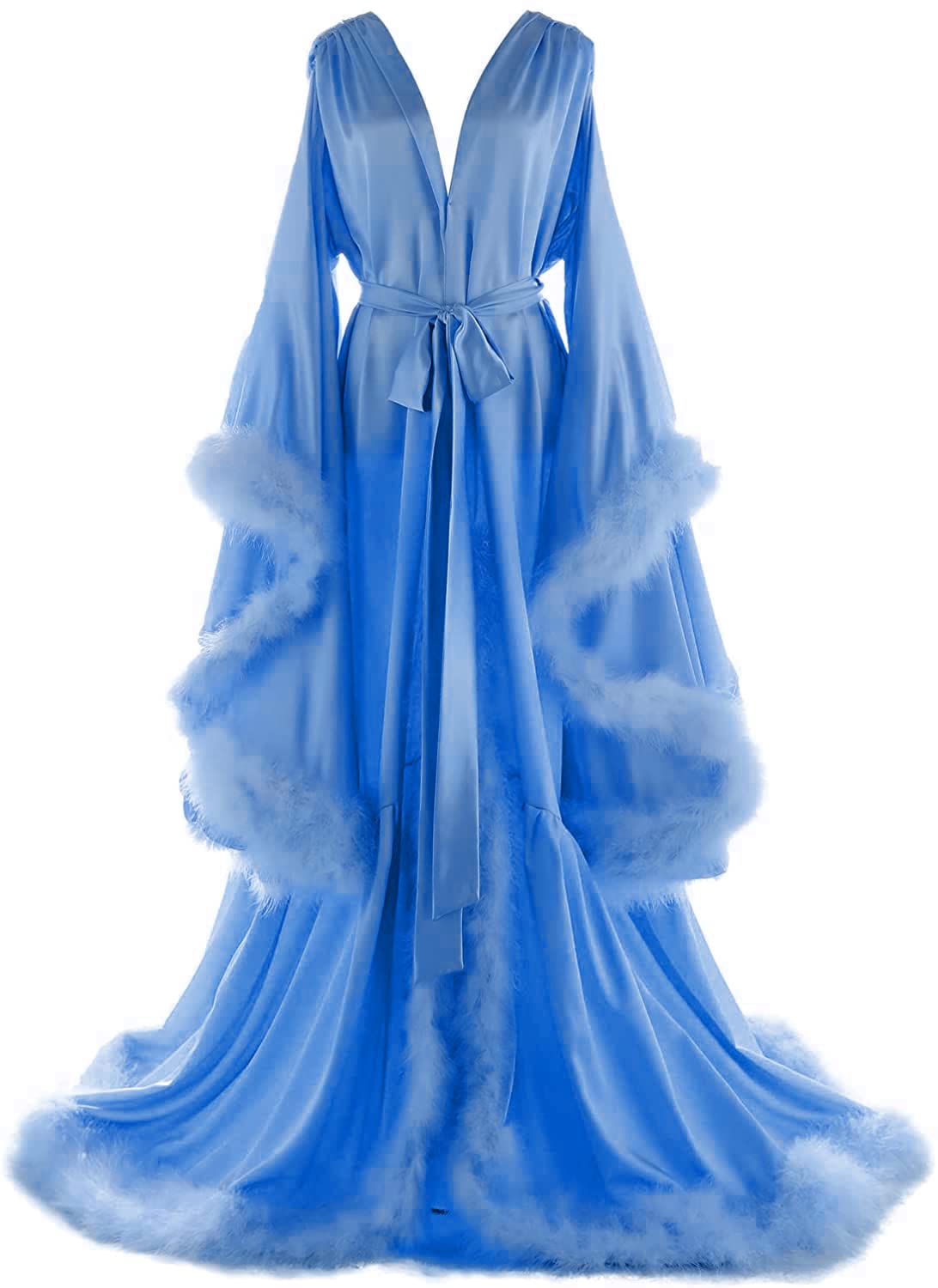 Elegant Women's Feather Bridal Robe - Vintage Hollywood Style Silk Maternity Photoshoot Nightgown & Lingerie Bathrobe for Bridal Shower, Honeymoon & Boudoir Photography