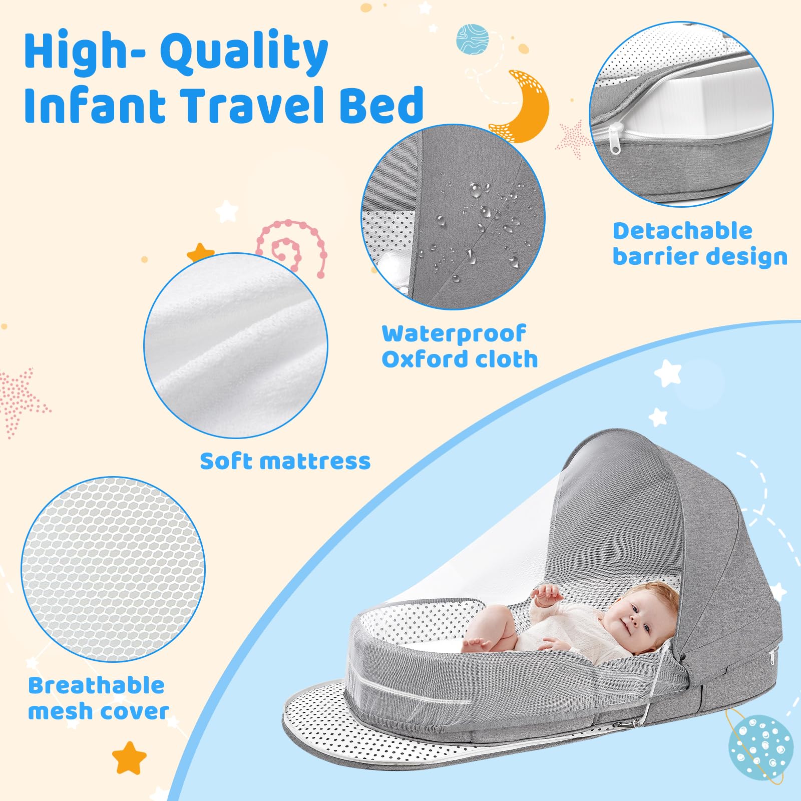 Portable Travel Bassinet for Baby - Foldable Lightweight Infant Bed with Mosquito Net & Canopy | Newborn Sleeping Solution for Home, Travel & Outdoor Adventures