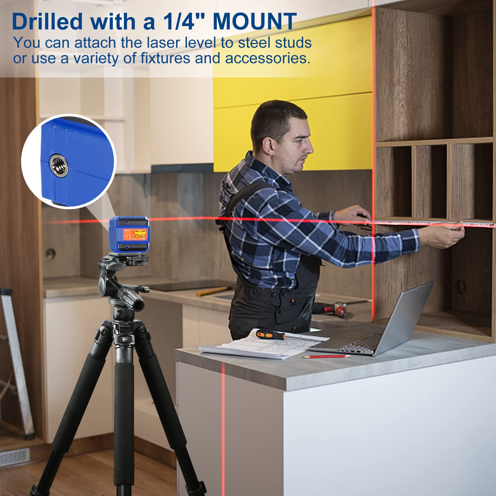 SORAKO Self-Leveling Cross-Line Laser Level Tool - 33-50 Feet Range with Horizontal & Vertical Lines for Construction & Home Improvement (Class II, Batteries Included) - Perfect for Wall Mounting, Tile Installation, and Picture Hanging