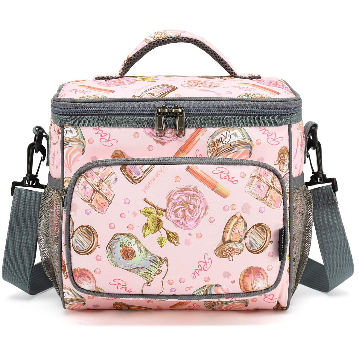 FlowFly Insulated Reusable Lunch Bag for Adults - Large Lunch Box with Adjustable Shoulder Strap, Front Zipper Pocket & Dual Mesh Side Pockets - Perfect for Work, School, Picnics & Travel (Rose)